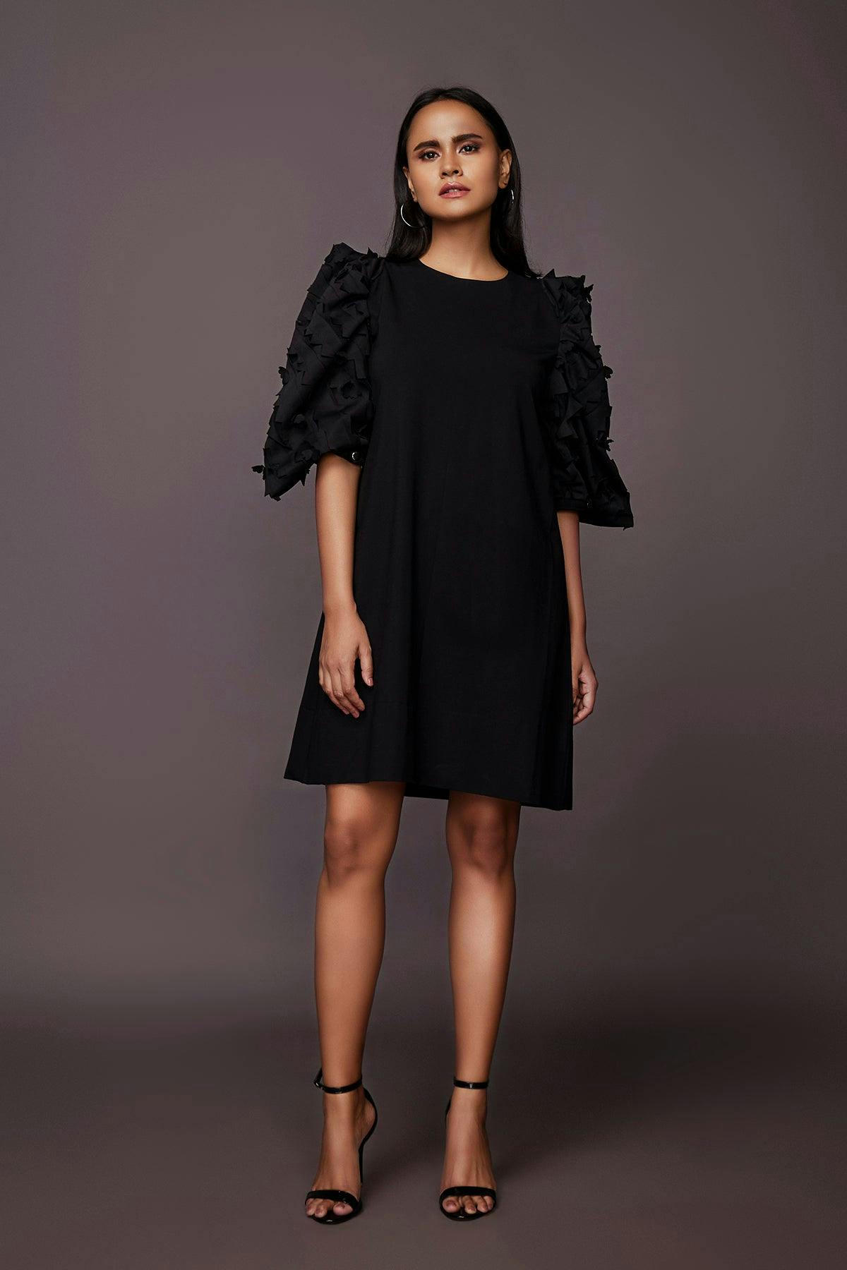 NN-1101 ::: Black Shift Dress With Cutwork Sleeves, a product by Deepika Arora
