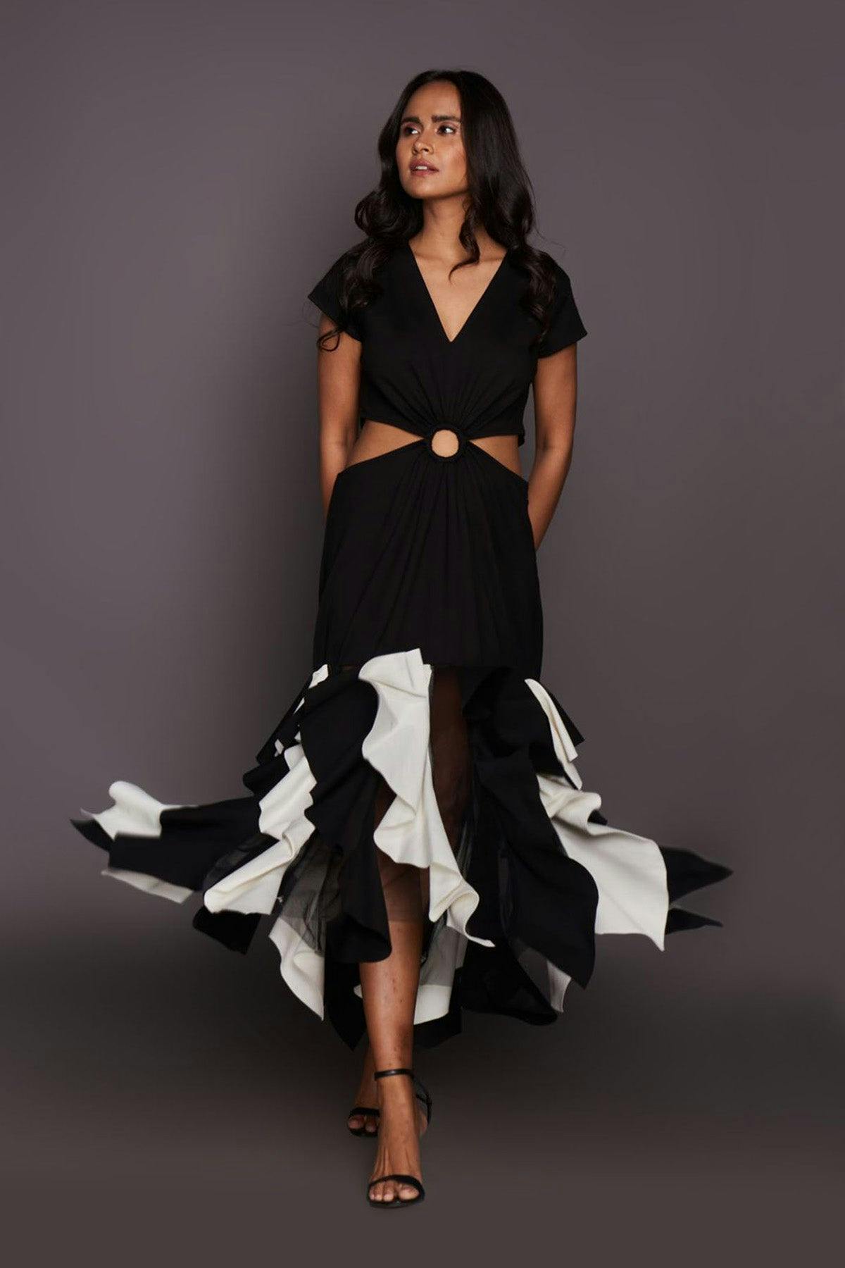 Black & White Side Cutout Dress With Ruffles, a product by Deepika Arora