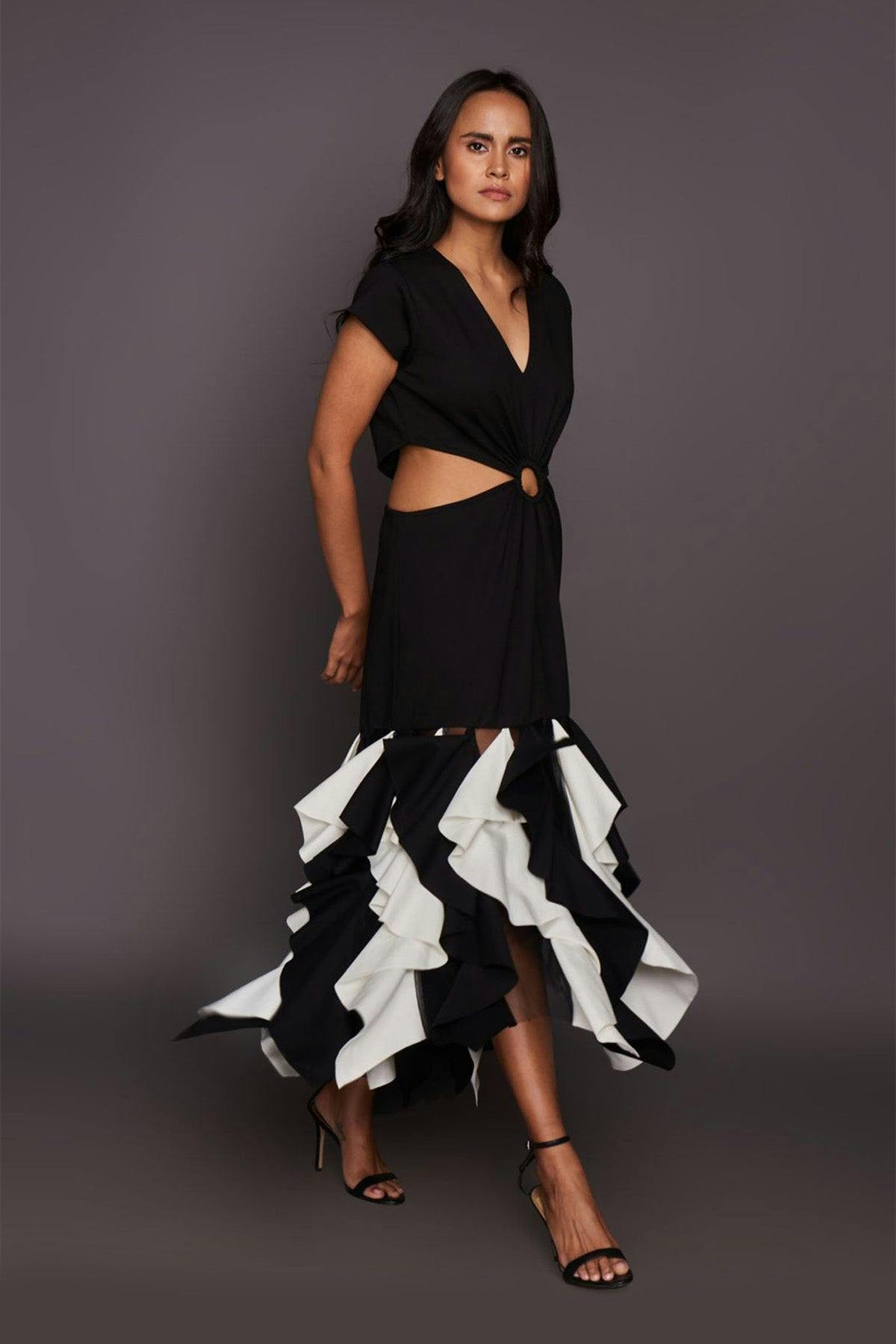 Thumbnail preview #1 for Black & White Side Cutout Dress With Ruffles