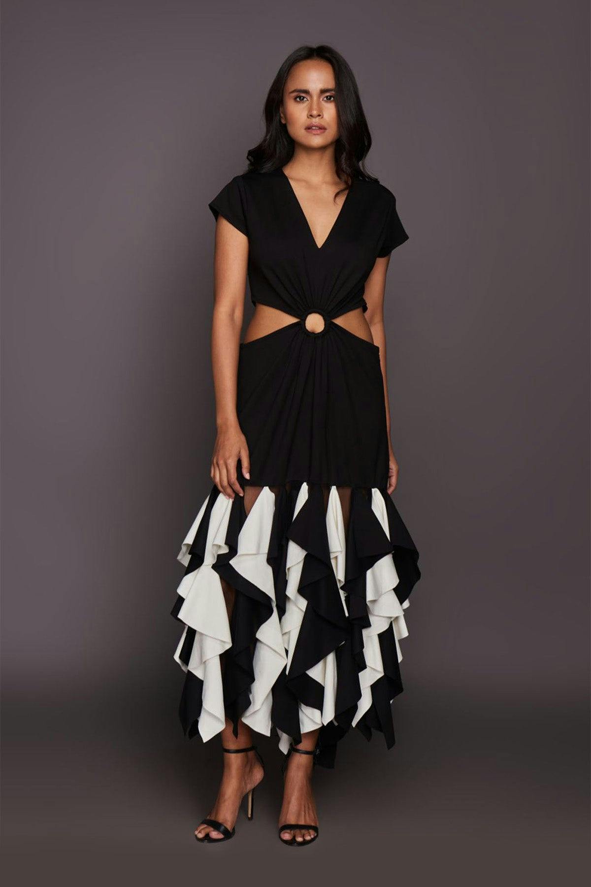 Thumbnail preview #2 for Black & White Side Cutout Dress With Ruffles