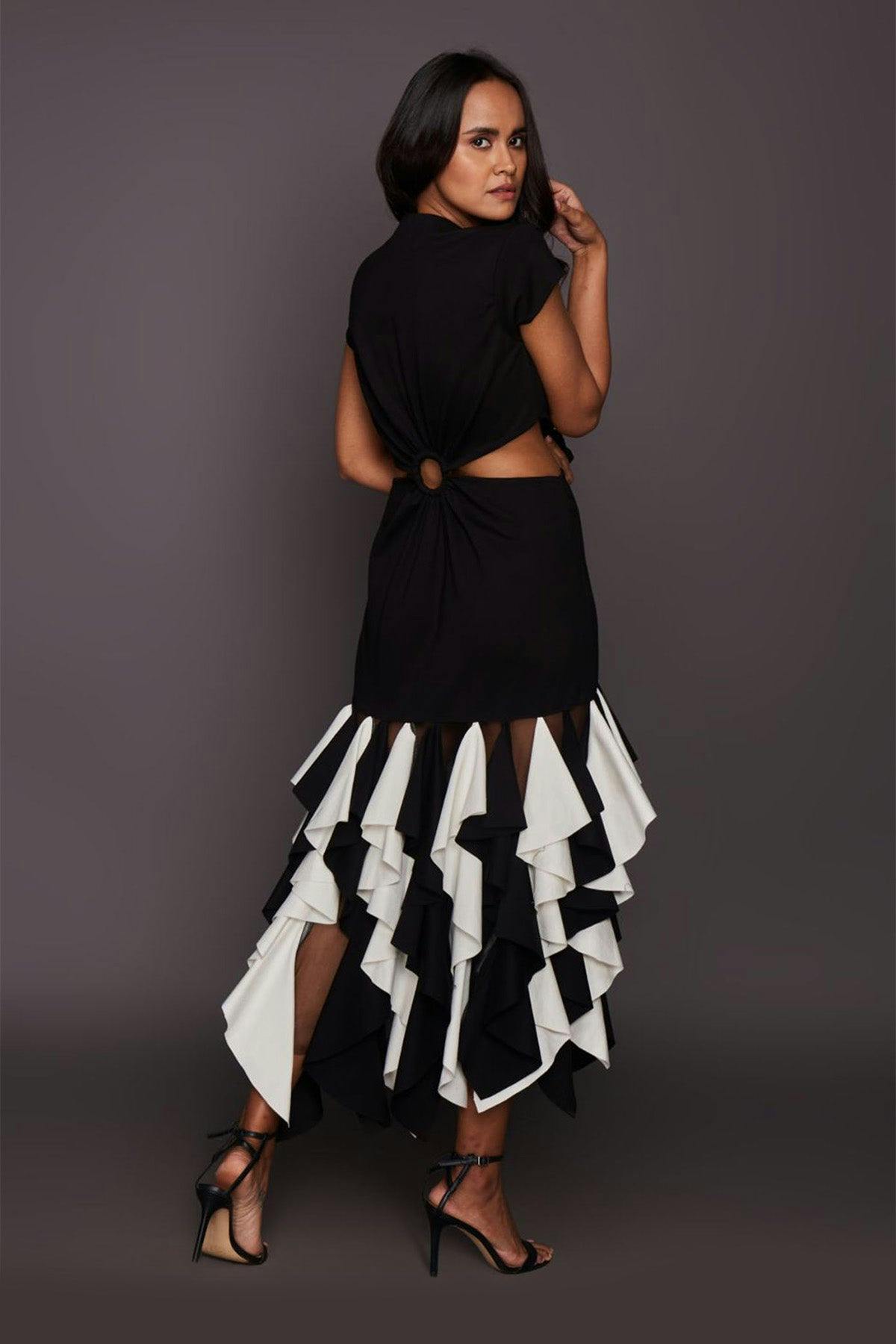 Thumbnail preview #3 for Black & White Side Cutout Dress With Ruffles