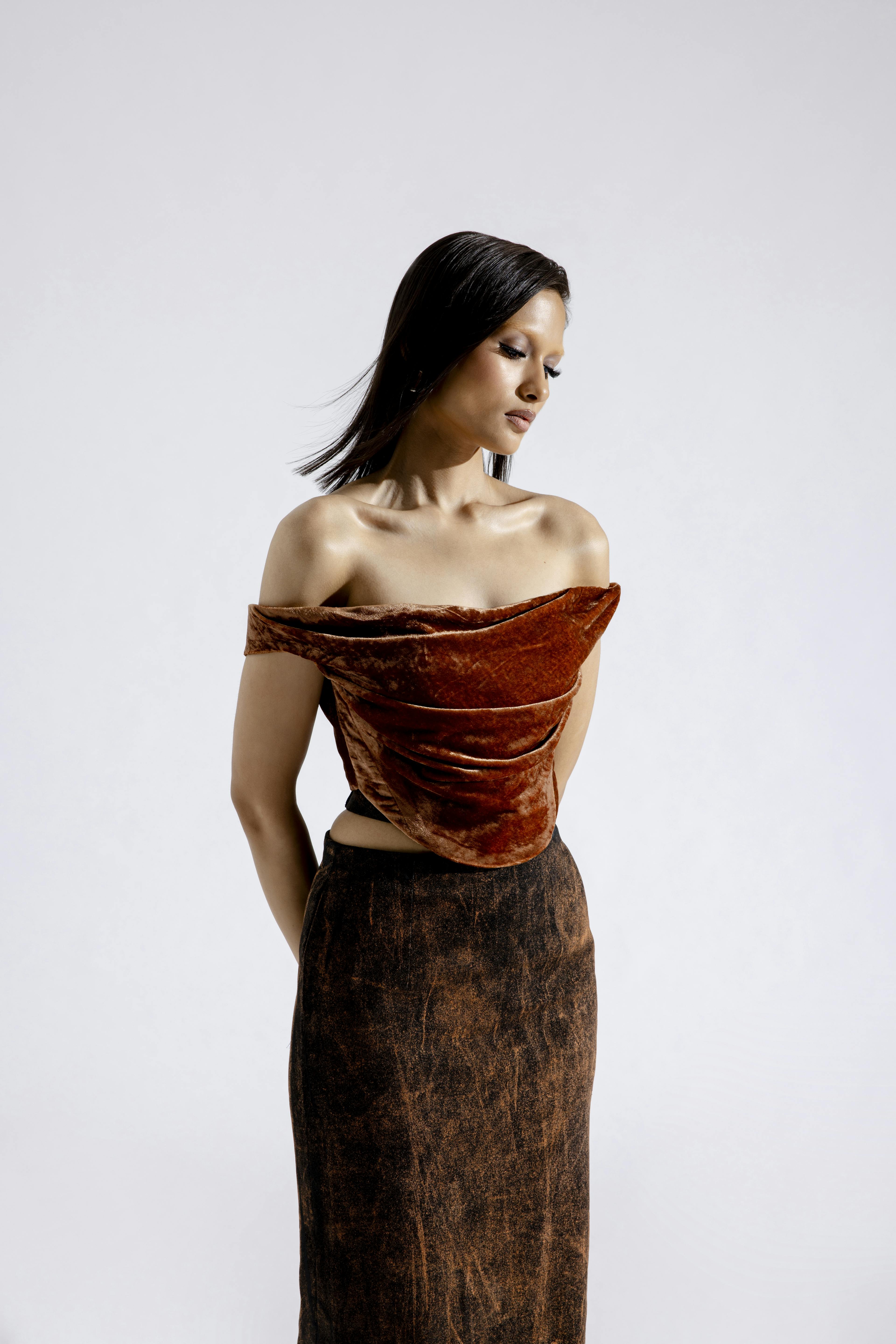 Amber silk velvet draped corset, a product by AROKA
