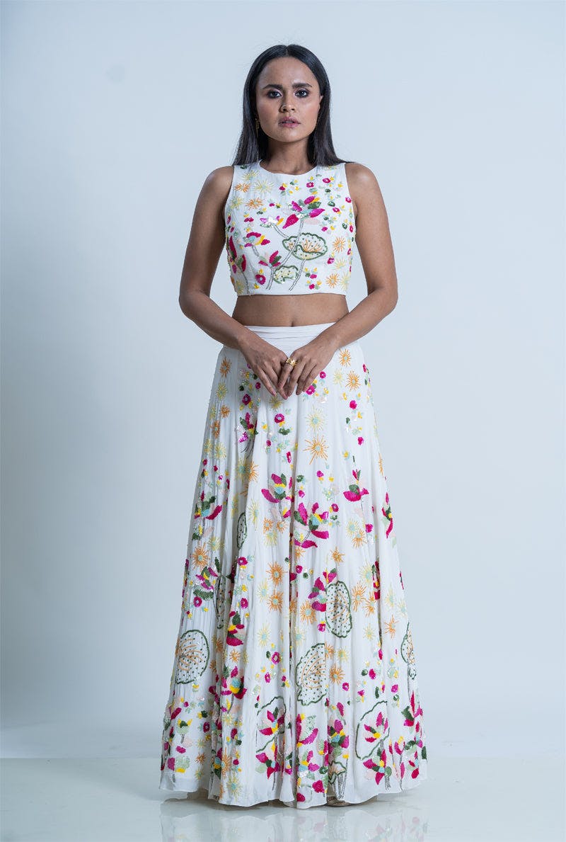 Ivory Crape Lotus Embroidered Skirt With Crop top - Ivory Oleander Lehenga Set, a product by Nautanky