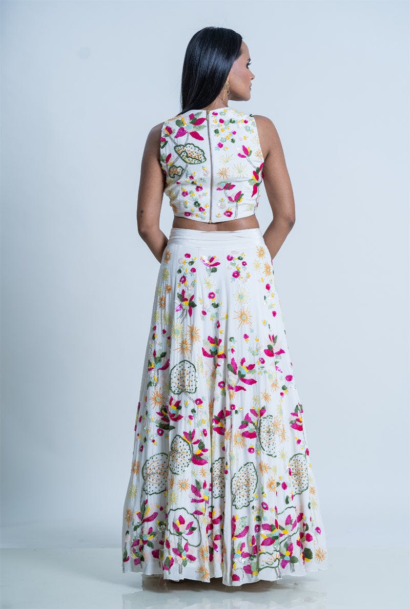 Thumbnail preview #3 for Ivory Crape Lotus Embroidered Skirt With Crop top - Ivory Oleander Lehenga Set