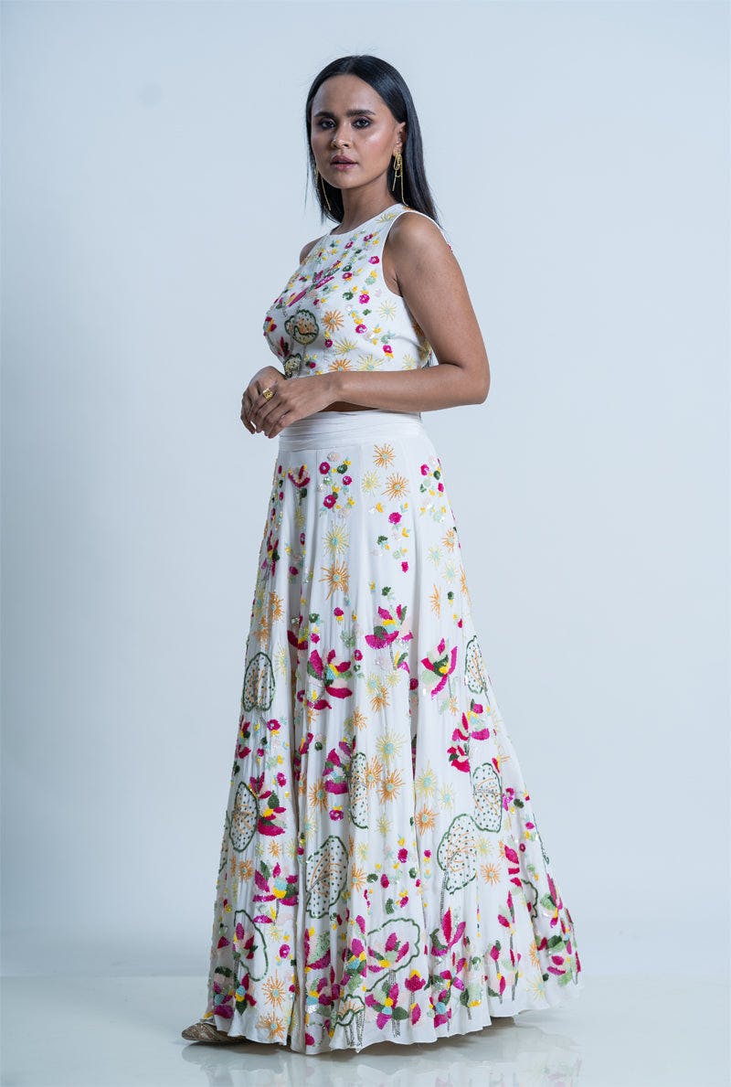 Thumbnail preview #2 for Ivory Crape Lotus Embroidered Skirt With Crop top - Ivory Oleander Lehenga Set