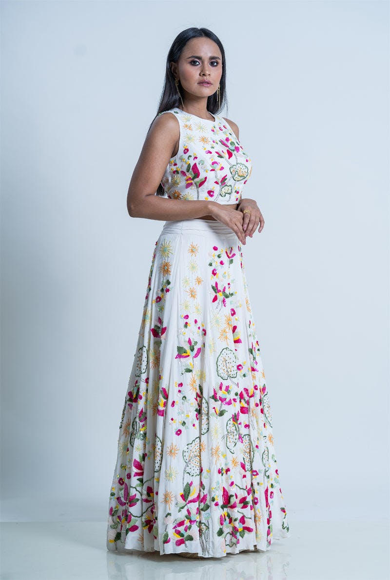 Thumbnail preview #1 for Ivory Crape Lotus Embroidered Skirt With Crop top - Ivory Oleander Lehenga Set