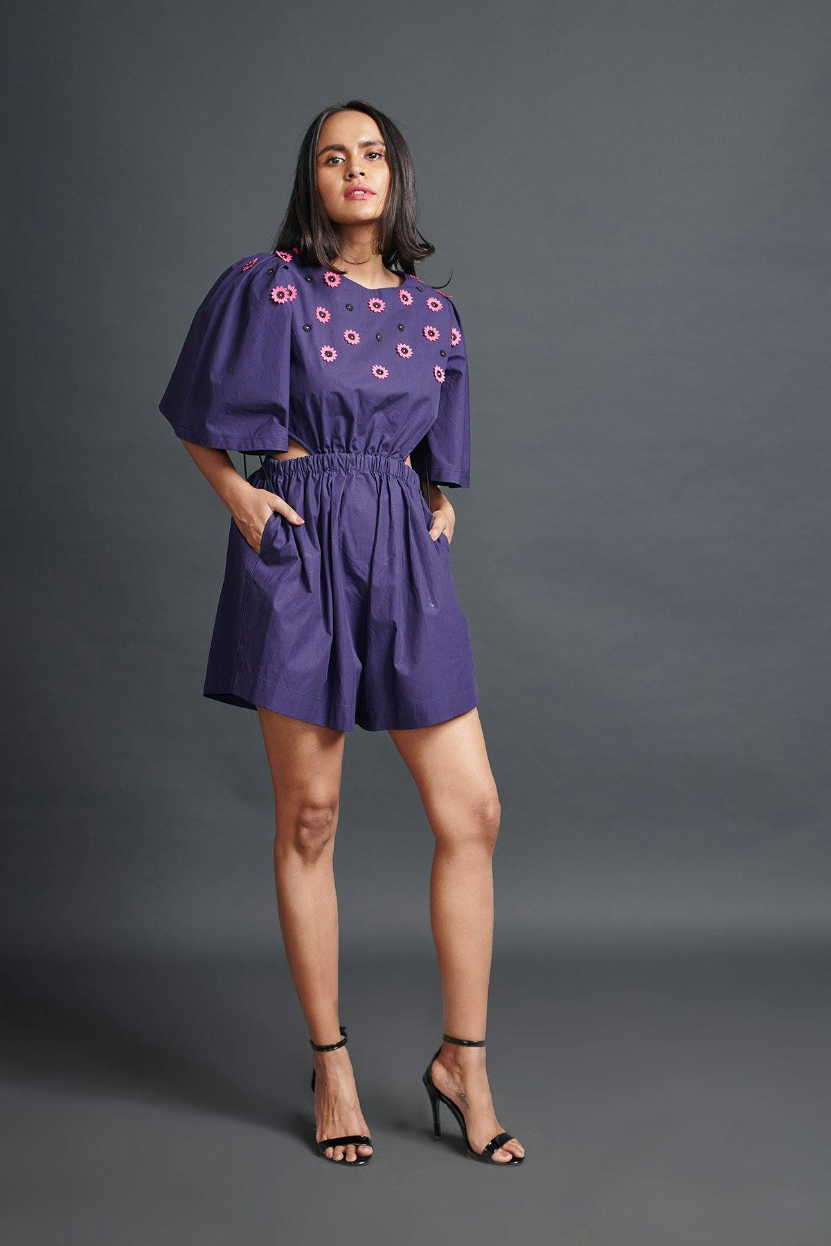 purple backless playsuit with embroidery, a product by Deepika Arora