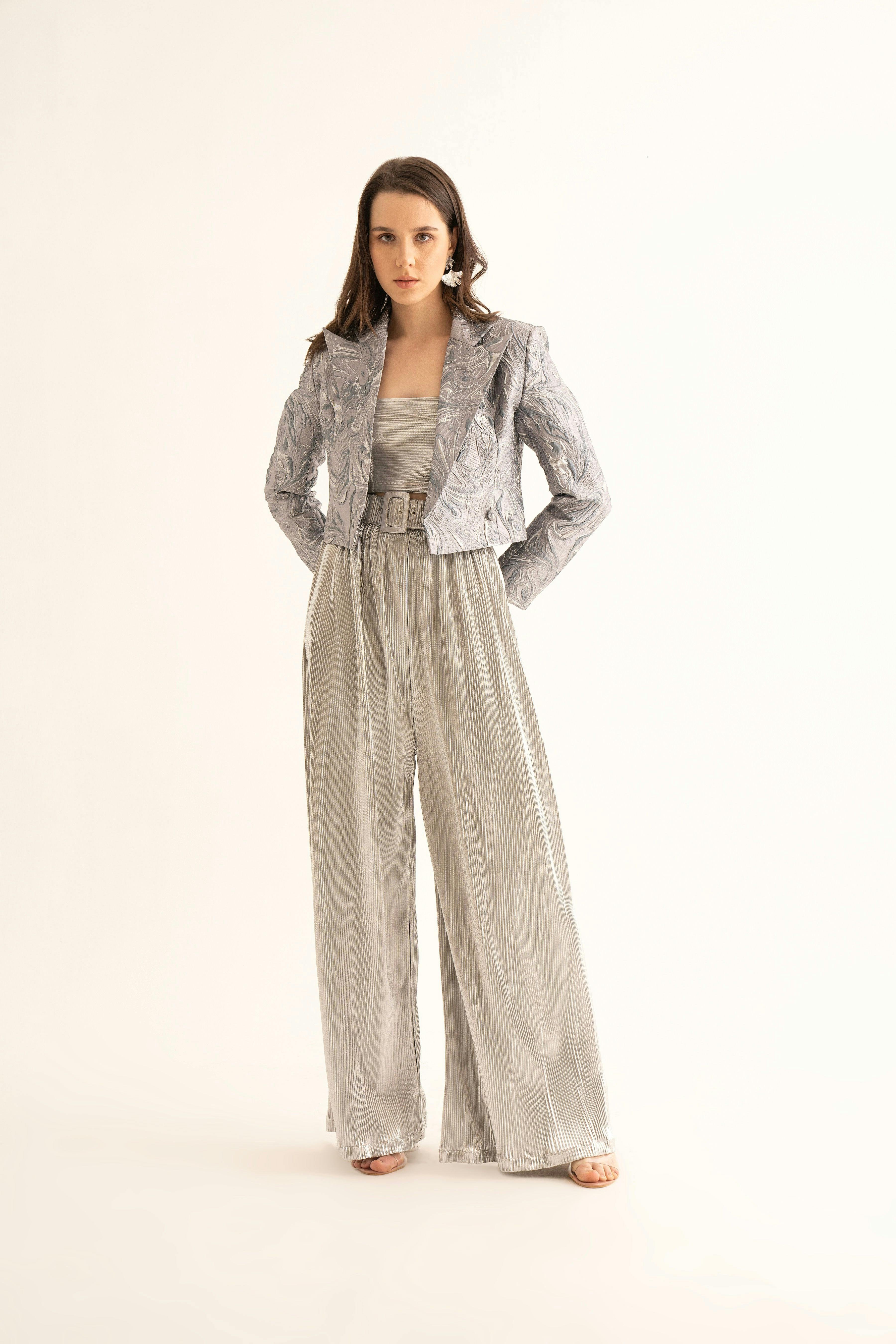 Thumbnail preview #1 for Silver Pleated Belted Pants