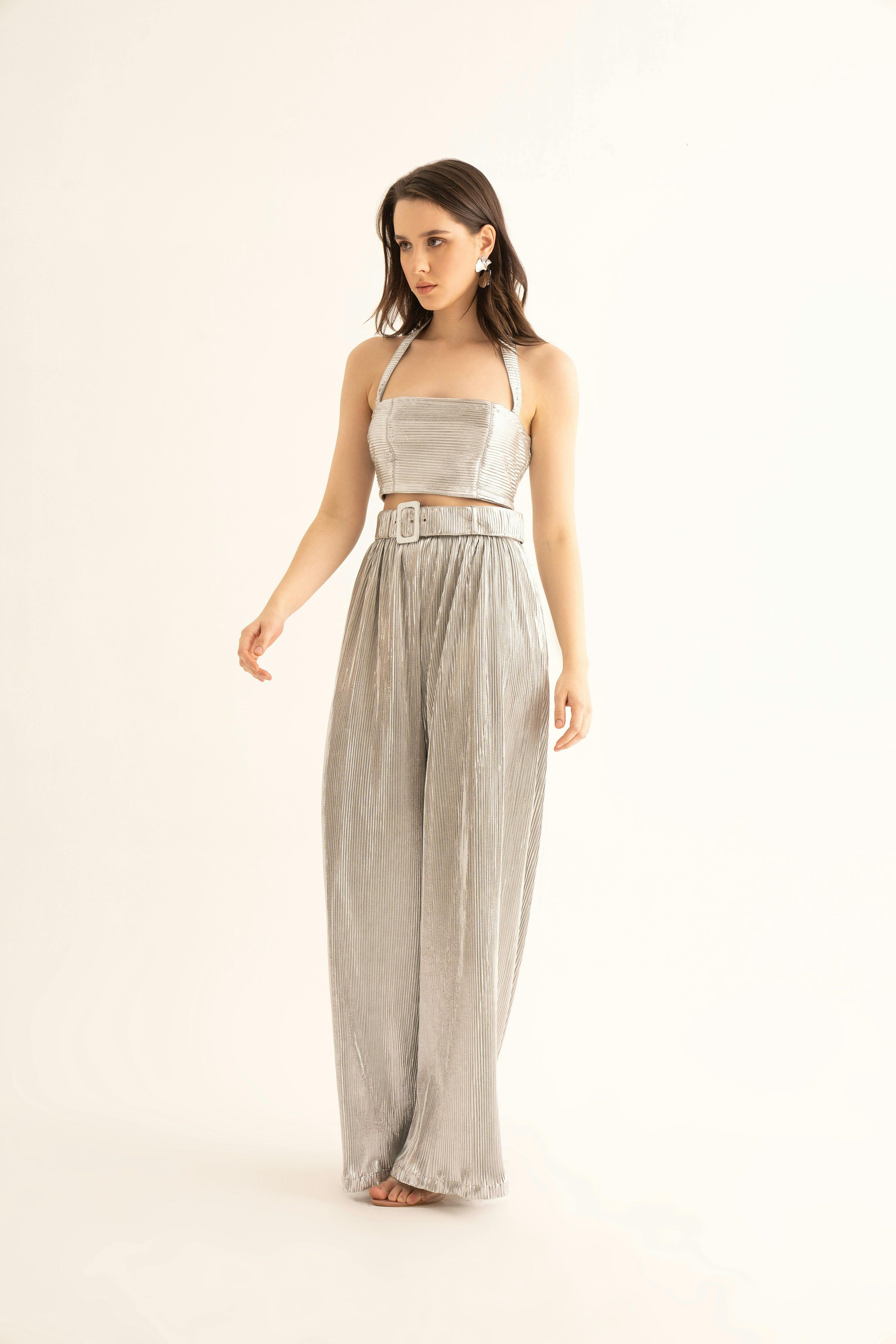 Thumbnail preview #0 for Silver Pleated Belted Pants