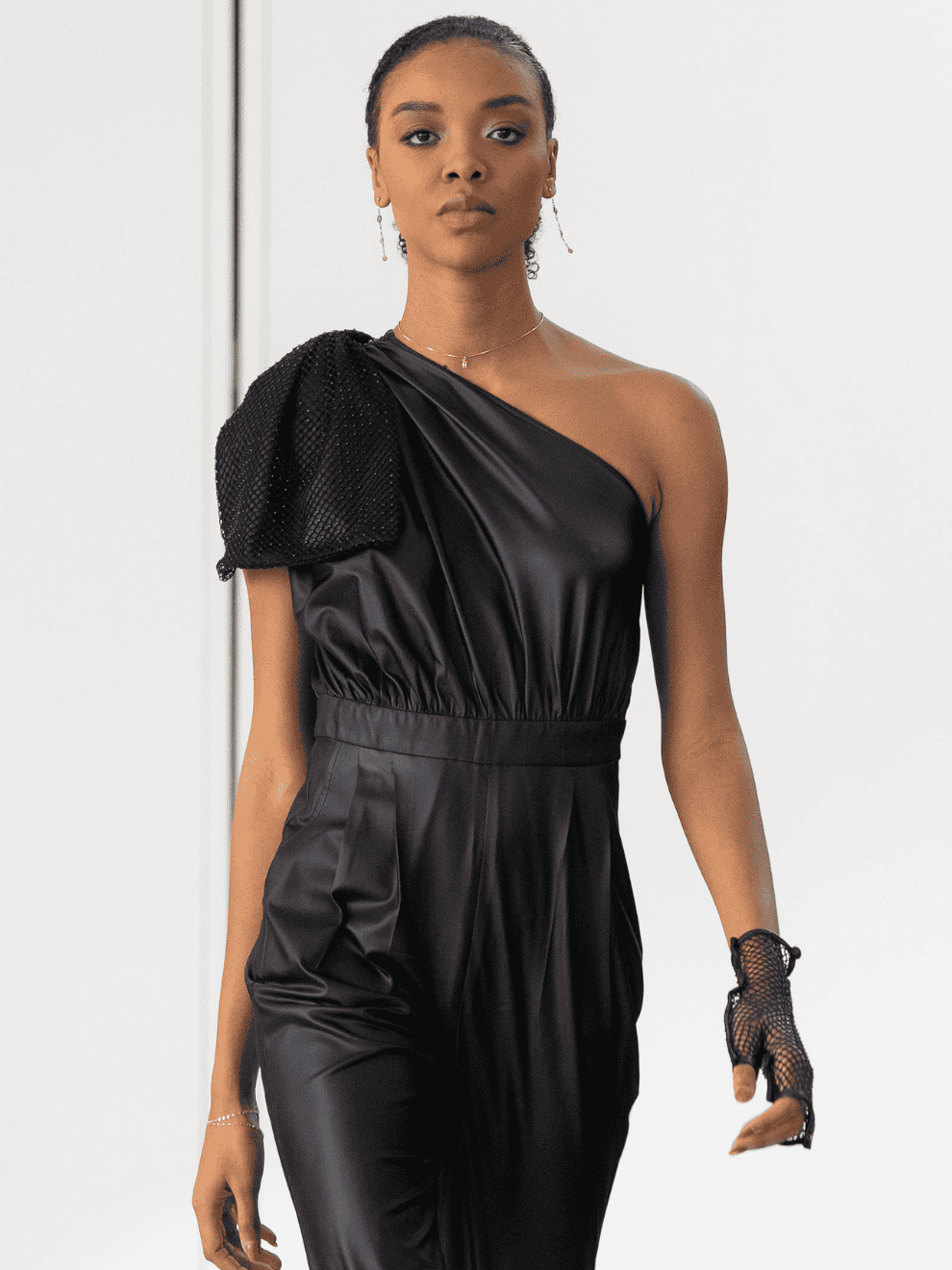 Black One Shoulder Jumpsuit with a Mesh Bow, a product by tara and i
