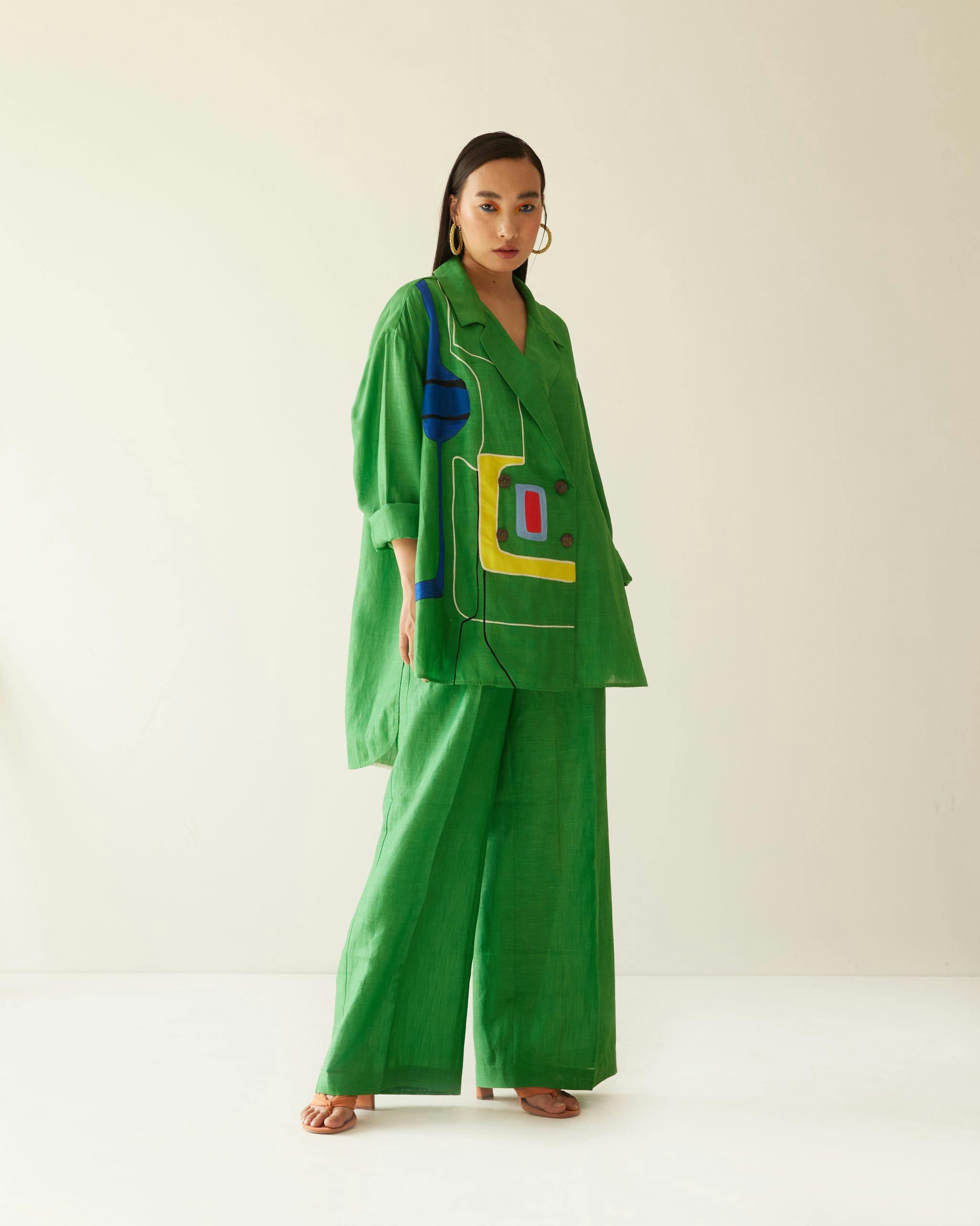  GREEN LINEN OVERSIZED CO-ORD SET, a product by Mini Sondhi