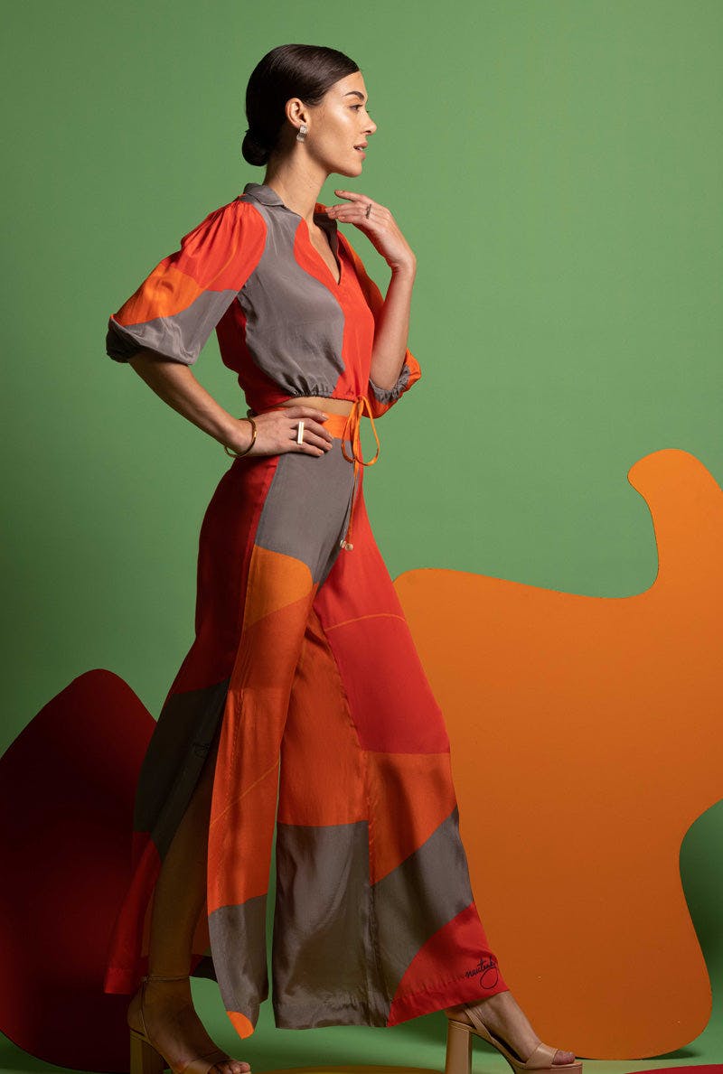 Thumbnail preview #2 for Orange-Grey-Red Women Top With Slitted Pants - ON THE BRIGHT SIDE