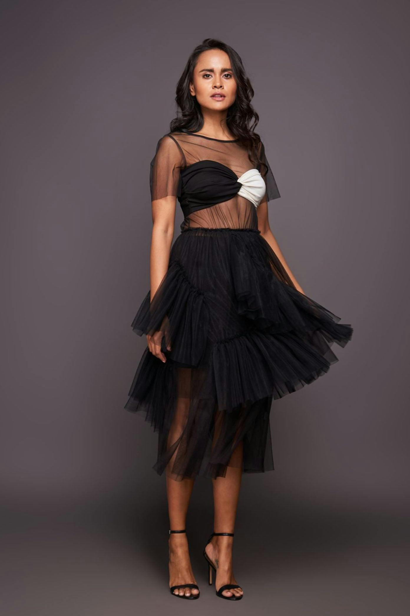  Black 3Pc Net Ruffled Dress, a product by Deepika Arora