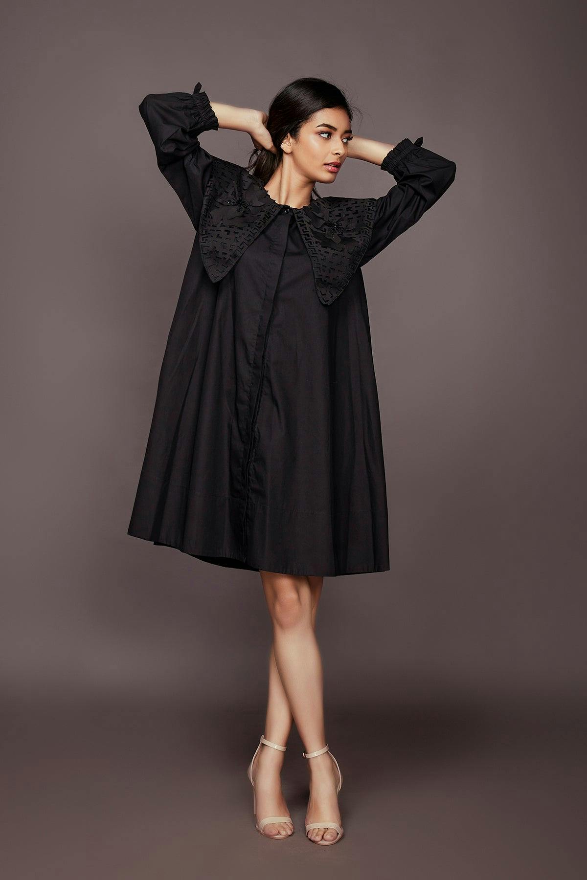 NN-1128 ::: Black Dress With Cutwork Collar, a product by Deepika Arora