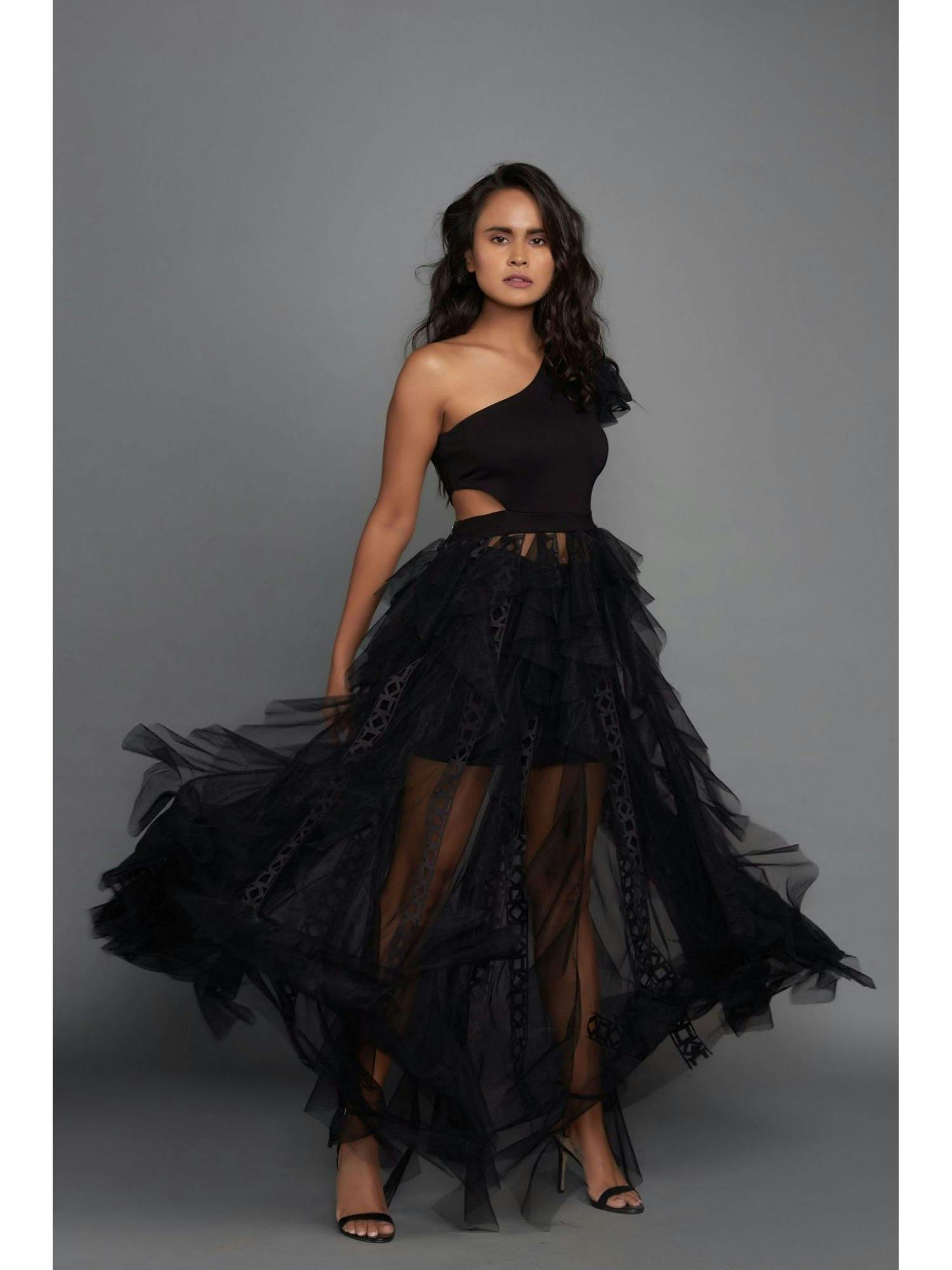 Black one shoulder dress with short skirt., a product by Deepika Arora