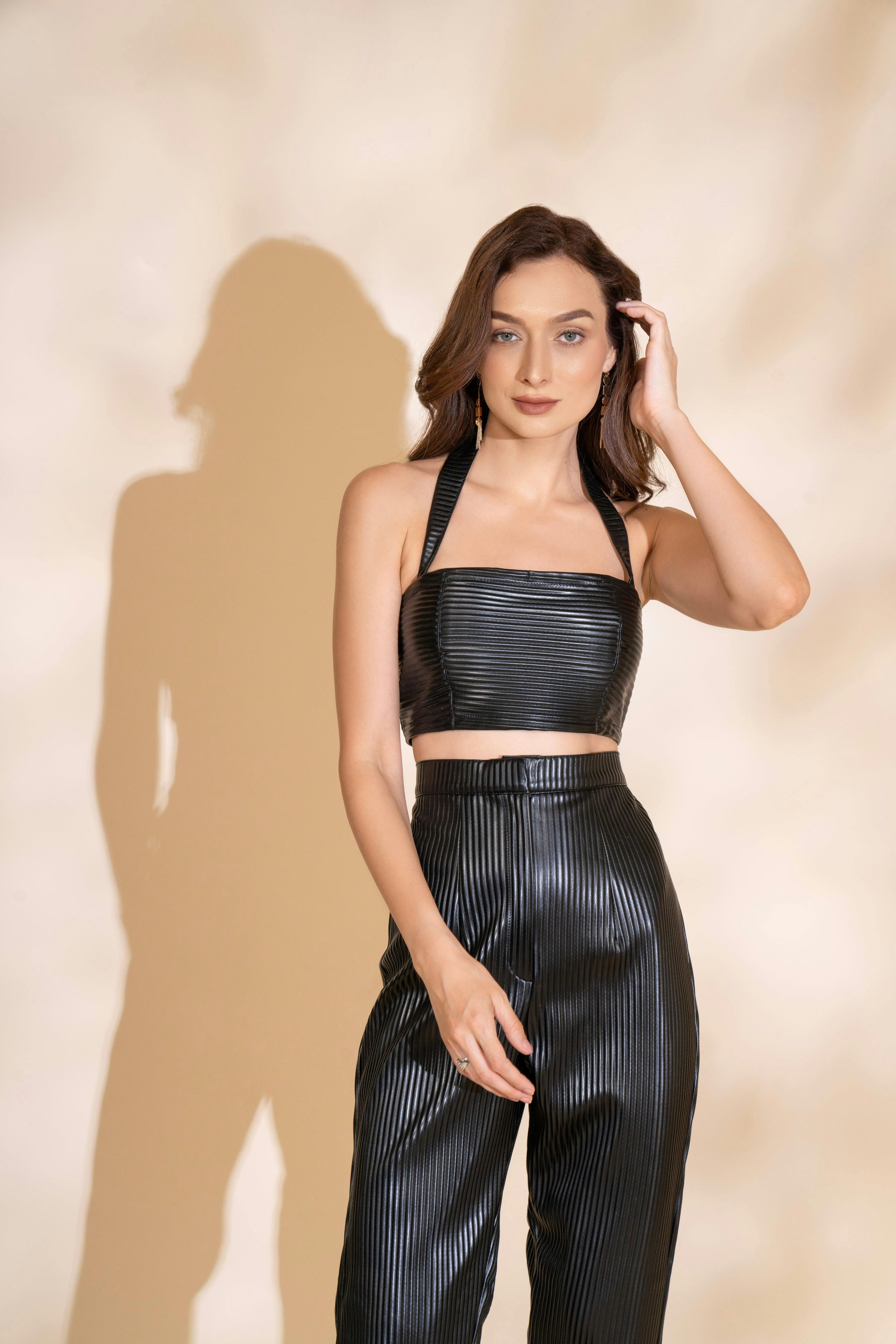 Black Pleated Leather Crop Top, a product by Torqadorn