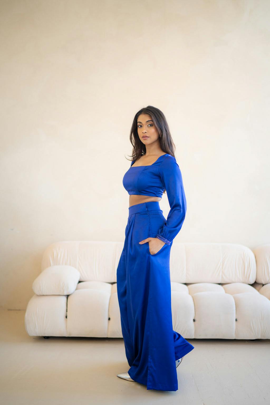 Aries Wide-Leg Trouser & Long-Sleeve Blouse Set - Royal Blue , a product by MOR Collections