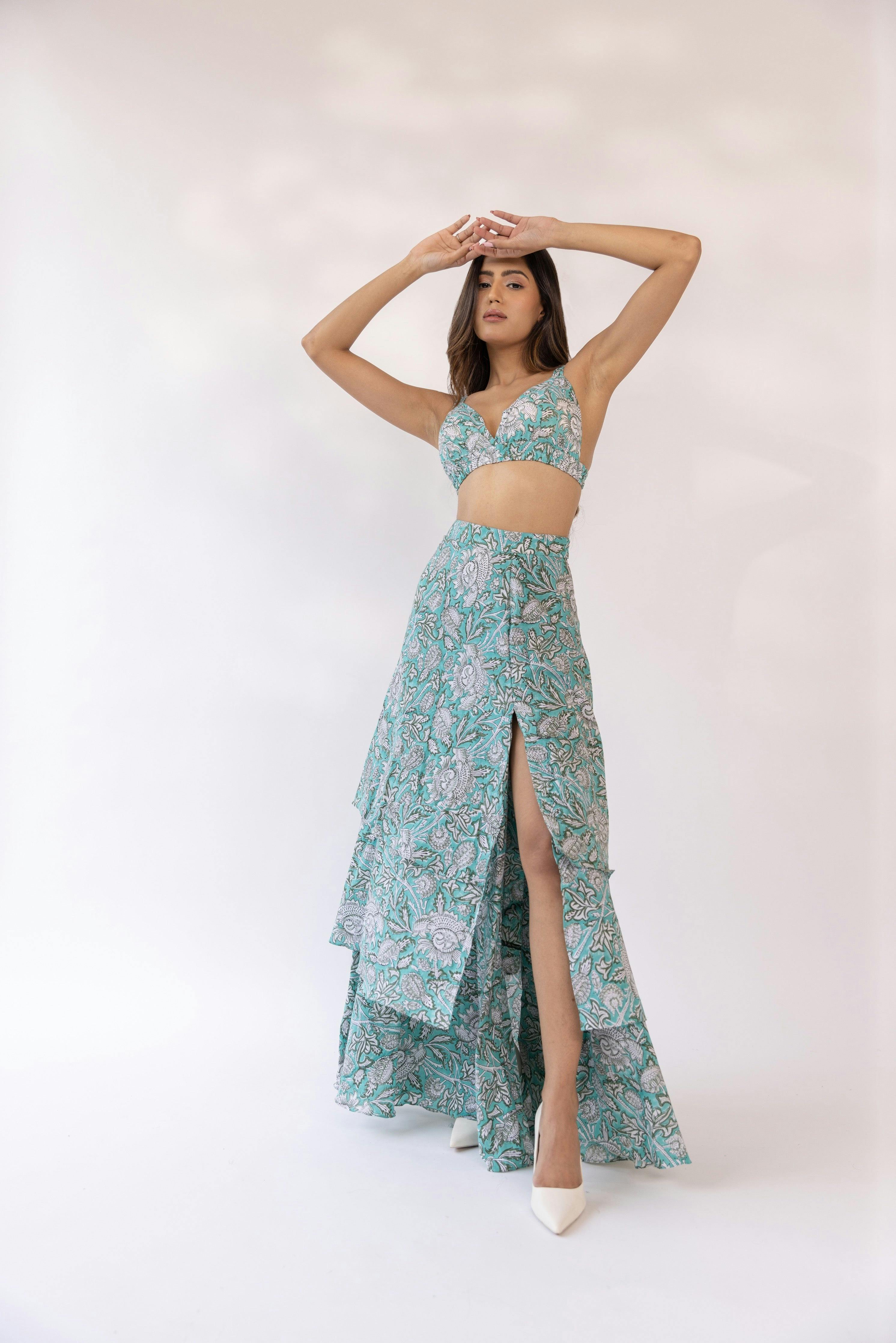 Azarin Blockpirnted Bralette And Frilly Long Skirt, a product by Shaakha