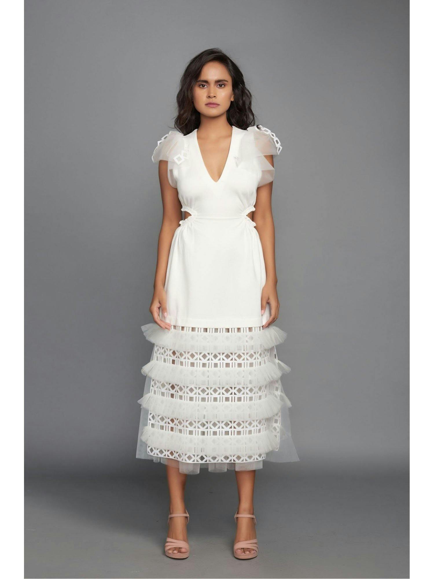 white dress with a cut out at the waist with net pleating, a product by Deepika Arora