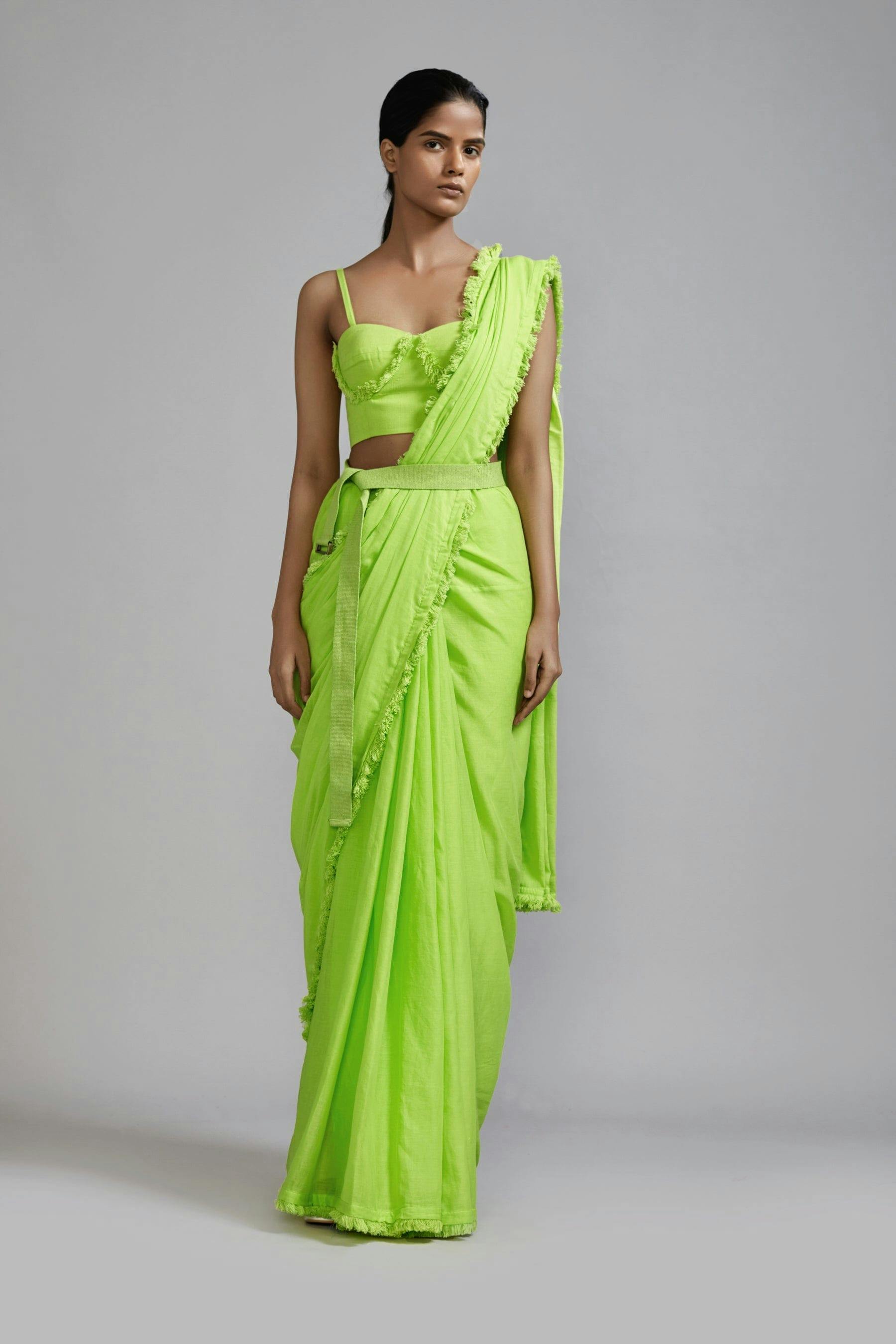 Thumbnail preview #1 for Neon Green Fringed Saree