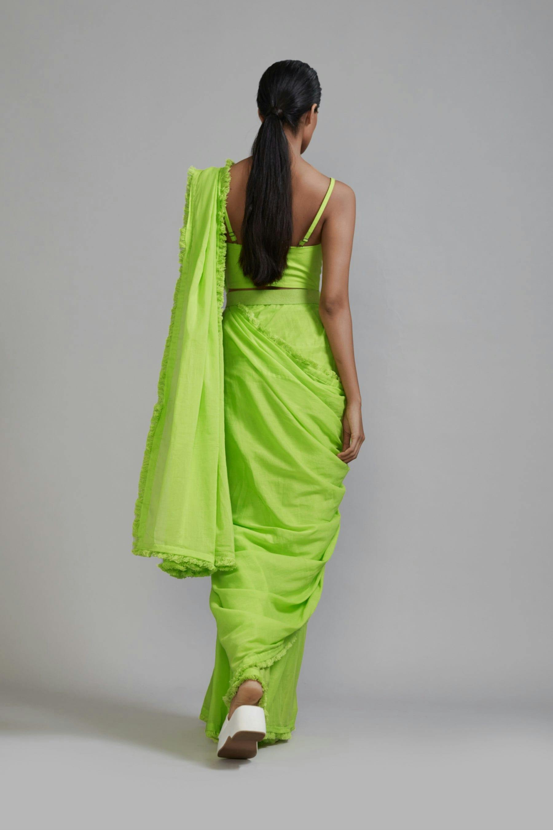 Thumbnail preview #2 for Neon Green Fringed Saree