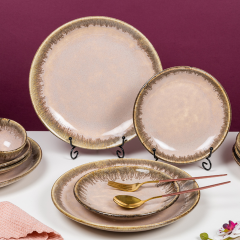 Pink Color Dinner Set with Brown Drops Border - Set of 4, a product by The Golden Theory