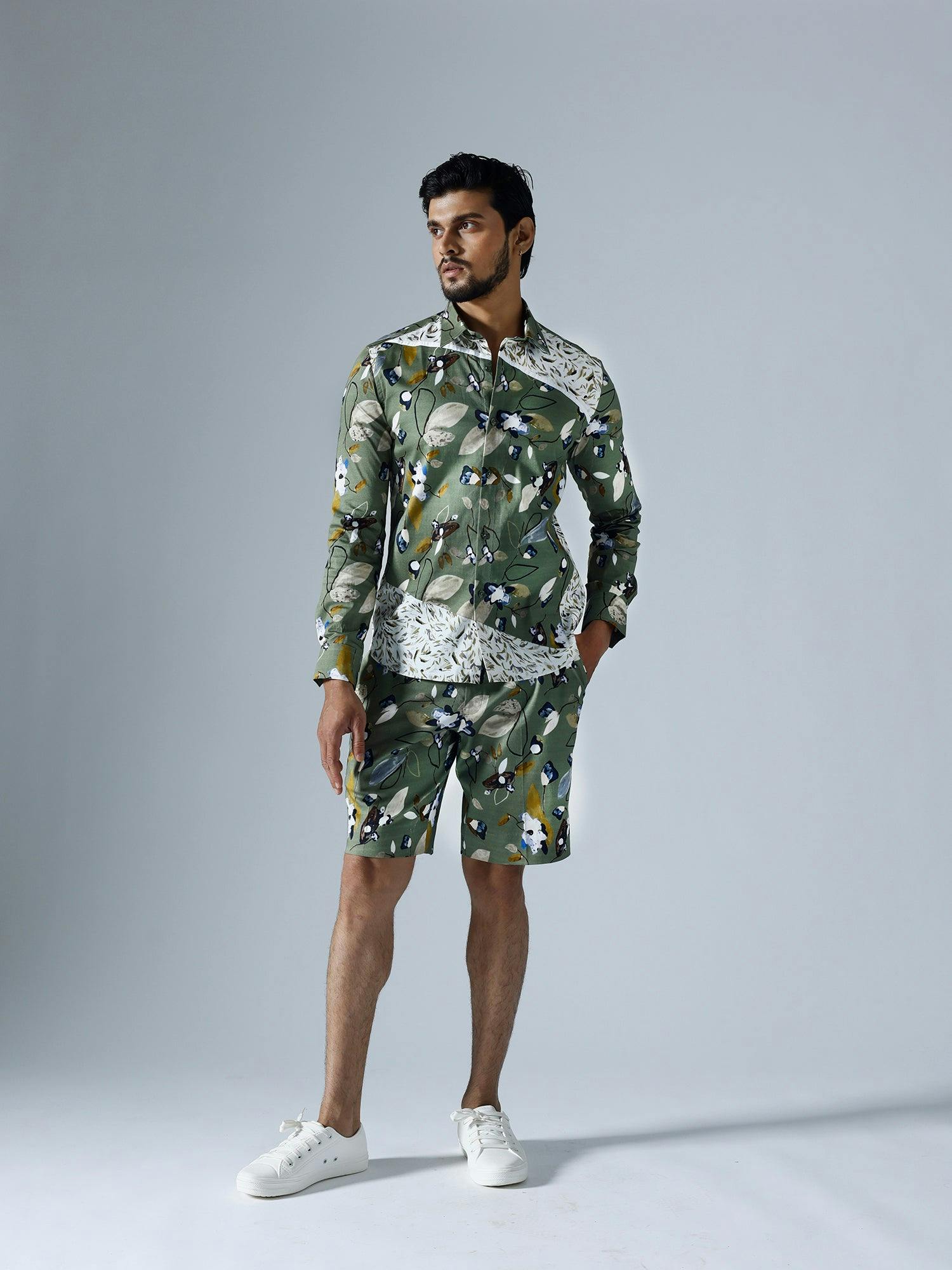 Vivid Green And Pixelated White Full sleeves Shirt With Shorts, a product by KLAD