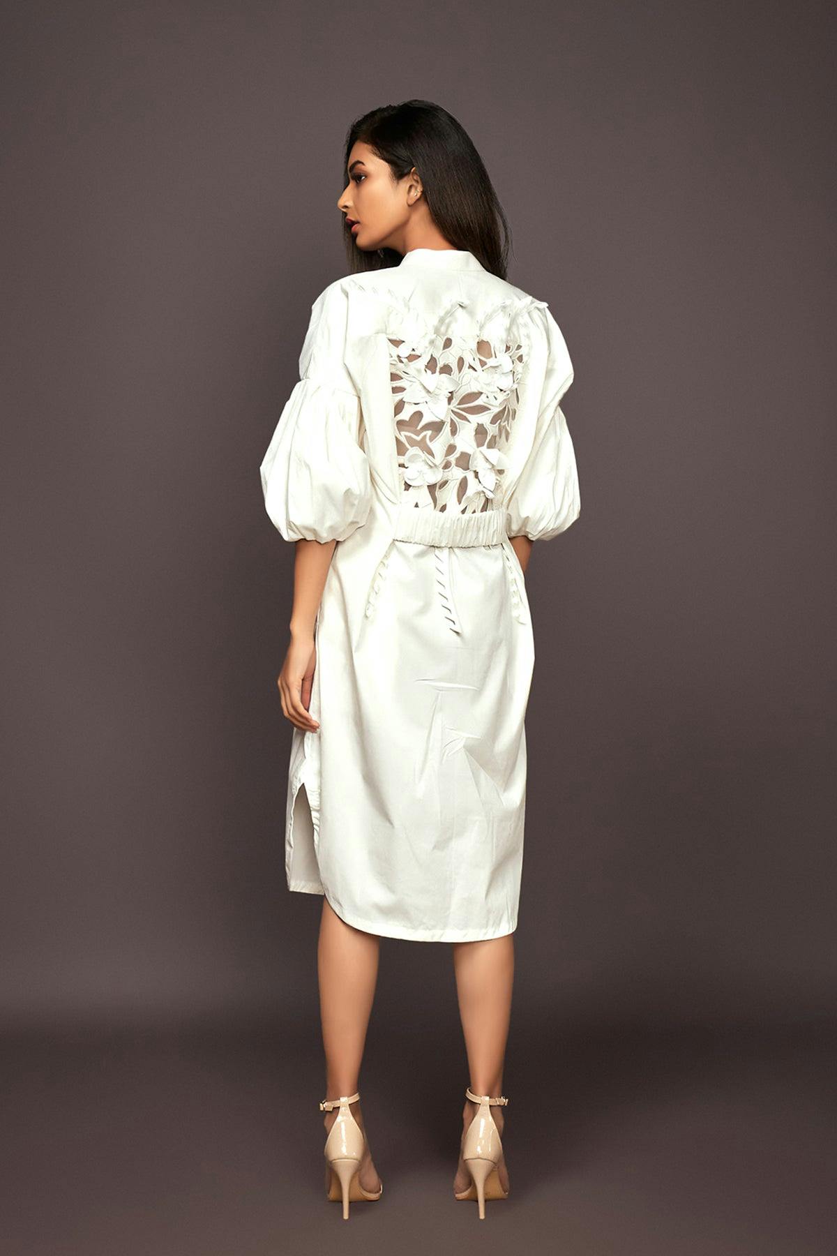NN-1127-W ::: White Shirt Dress With Layered Sleeves, a product by Deepika Arora