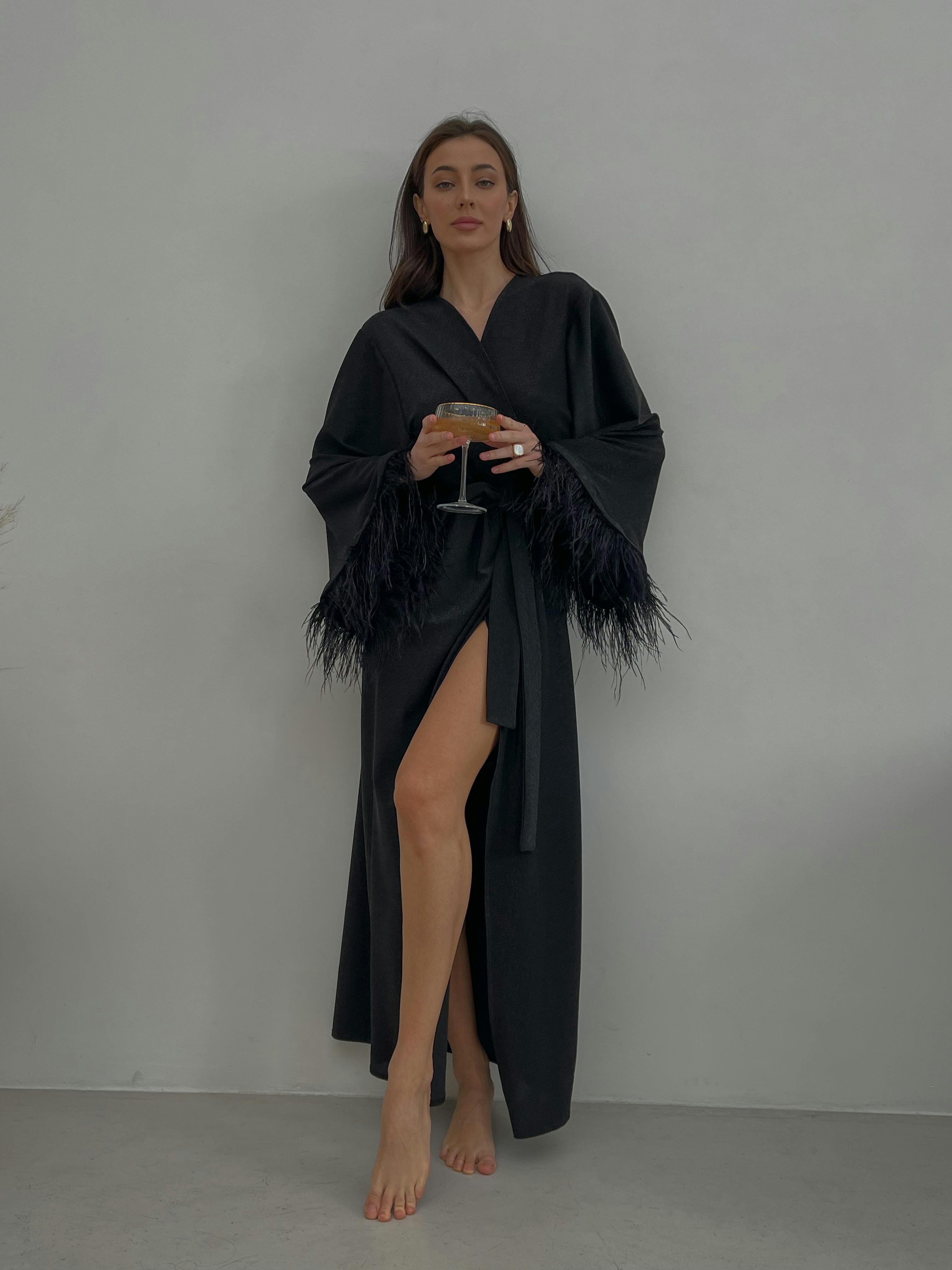 Additional image of Shiny Long Black Robe With Feathers Sleeves, a product by Okiya Studio