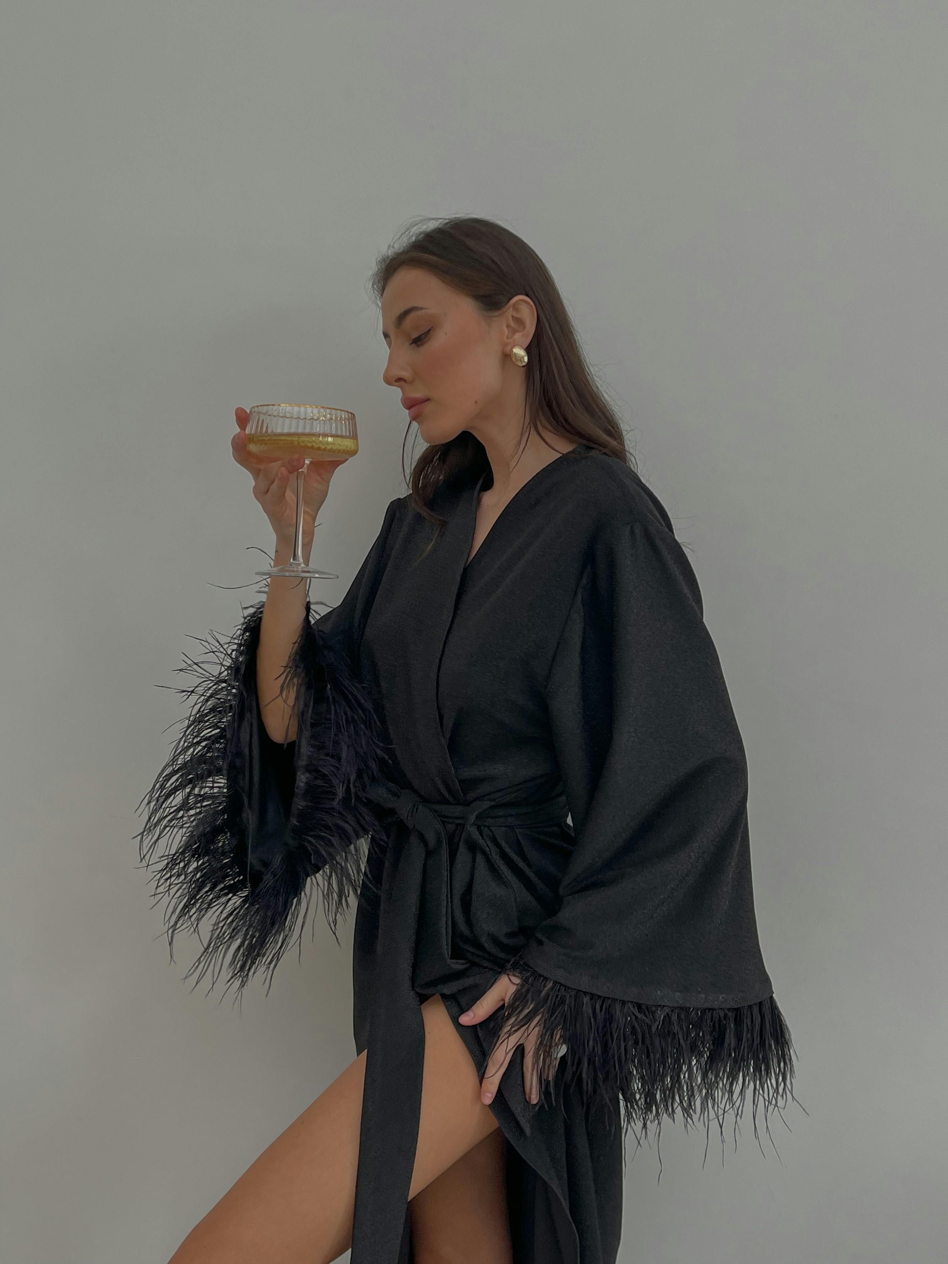 Additional image of Shiny Long Black Robe With Feathers Sleeves, a product by Okiya Studio