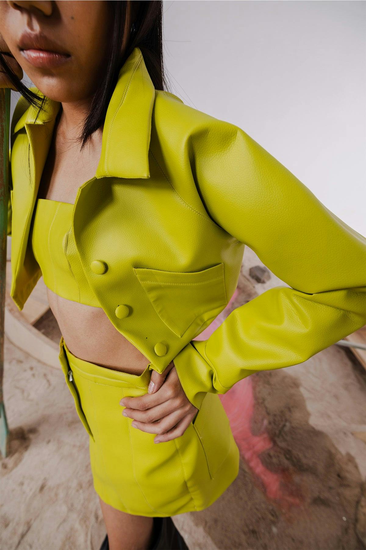 Thumbnail preview #2 for EVA PEA GREEN CROPPED JACKET WITH MATCHING BANDEAU & MINI SKIRT