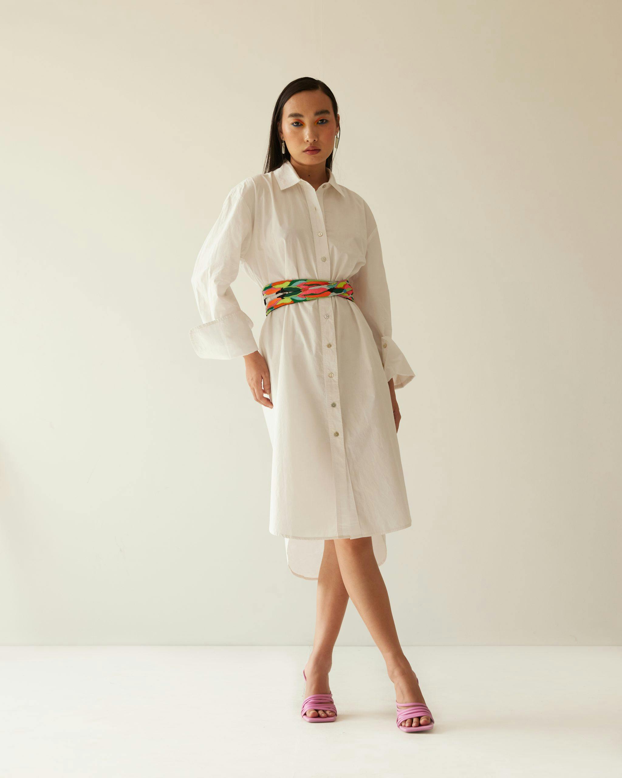 OFF WHITE SHIRT DRESS WITH PAINT STAIN BELT, a product by Mini Sondhi