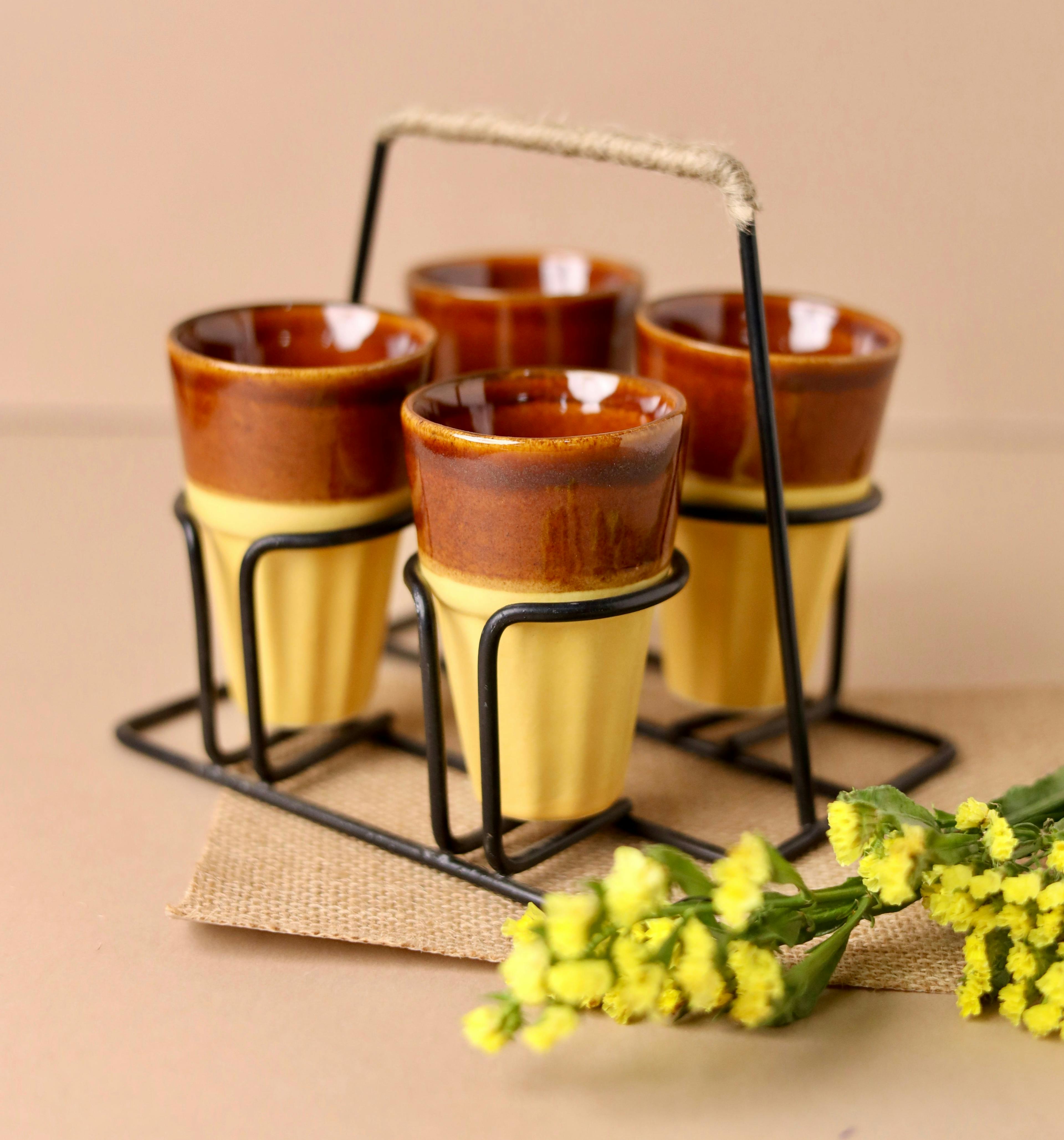 4 Chai Glasses with Stand - Yellow and Brown, a product by Olive Home accent