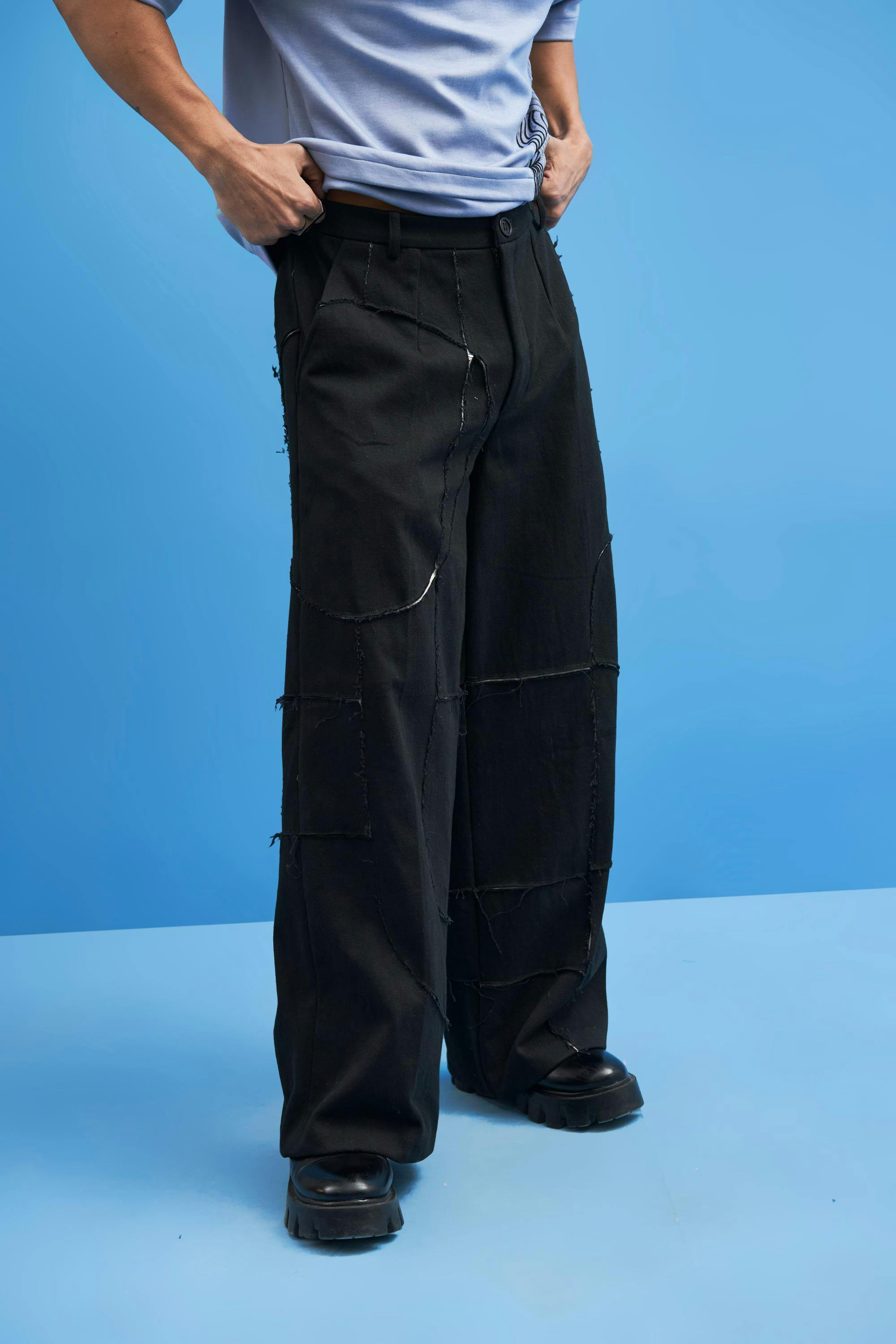 Black Shoji all-over Patchwork Trousers, a product by Siddhant Agrawal Label