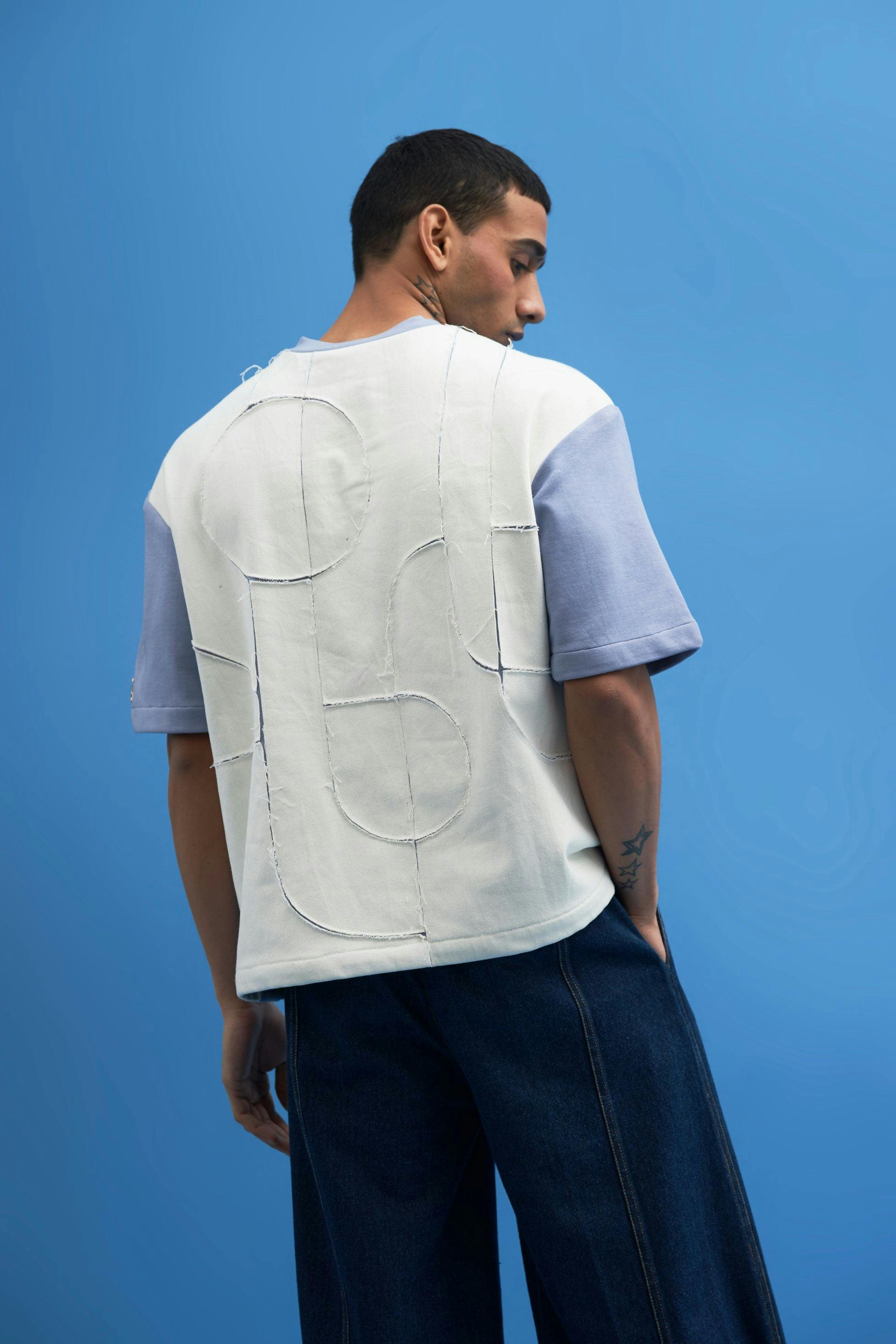 Steel Blue Shoji Patch Work T-Shirt, a product by Siddhant Agrawal Label