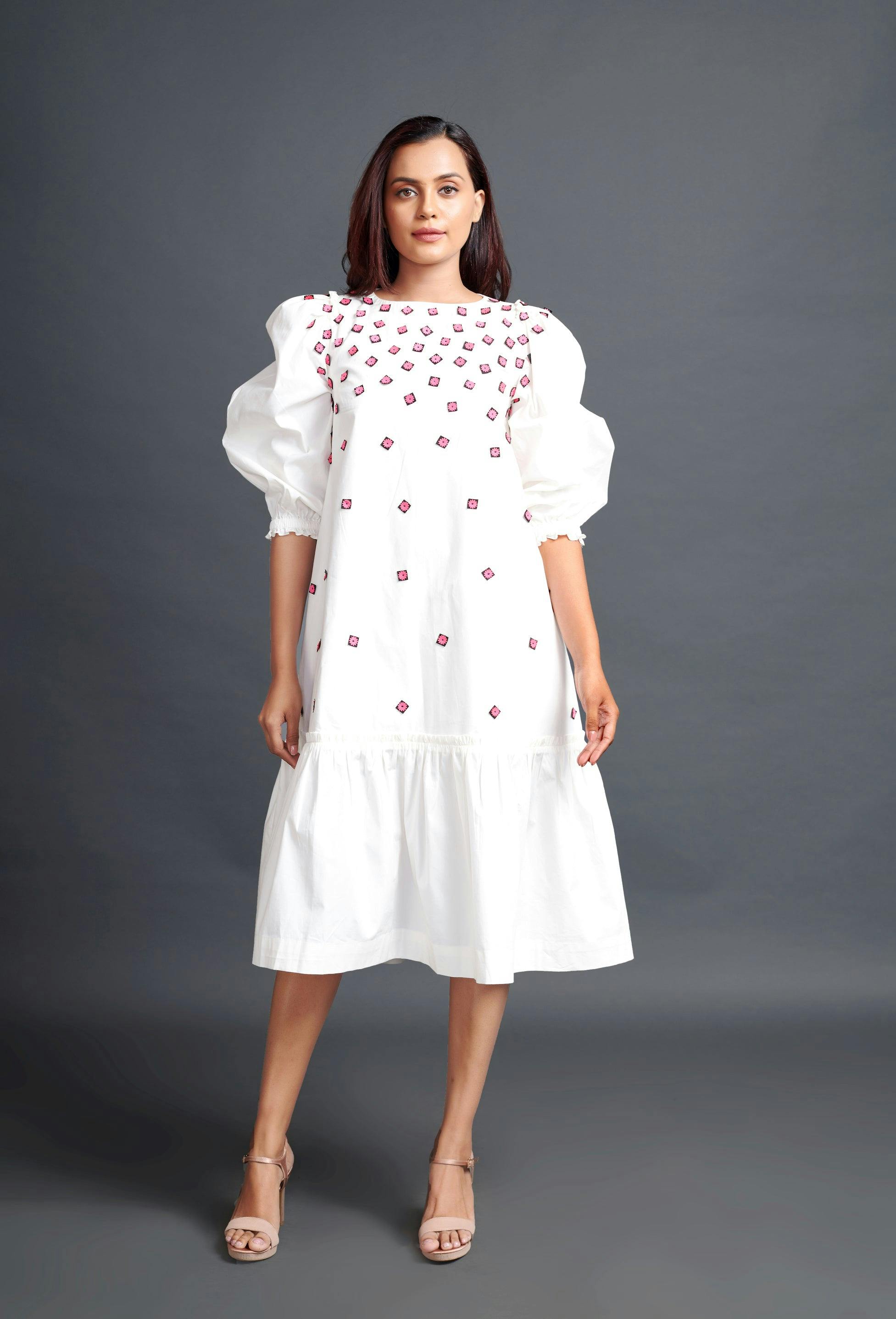 WF-1101-WHITE ::: White Long Dress With Embroidery, a product by Deepika Arora