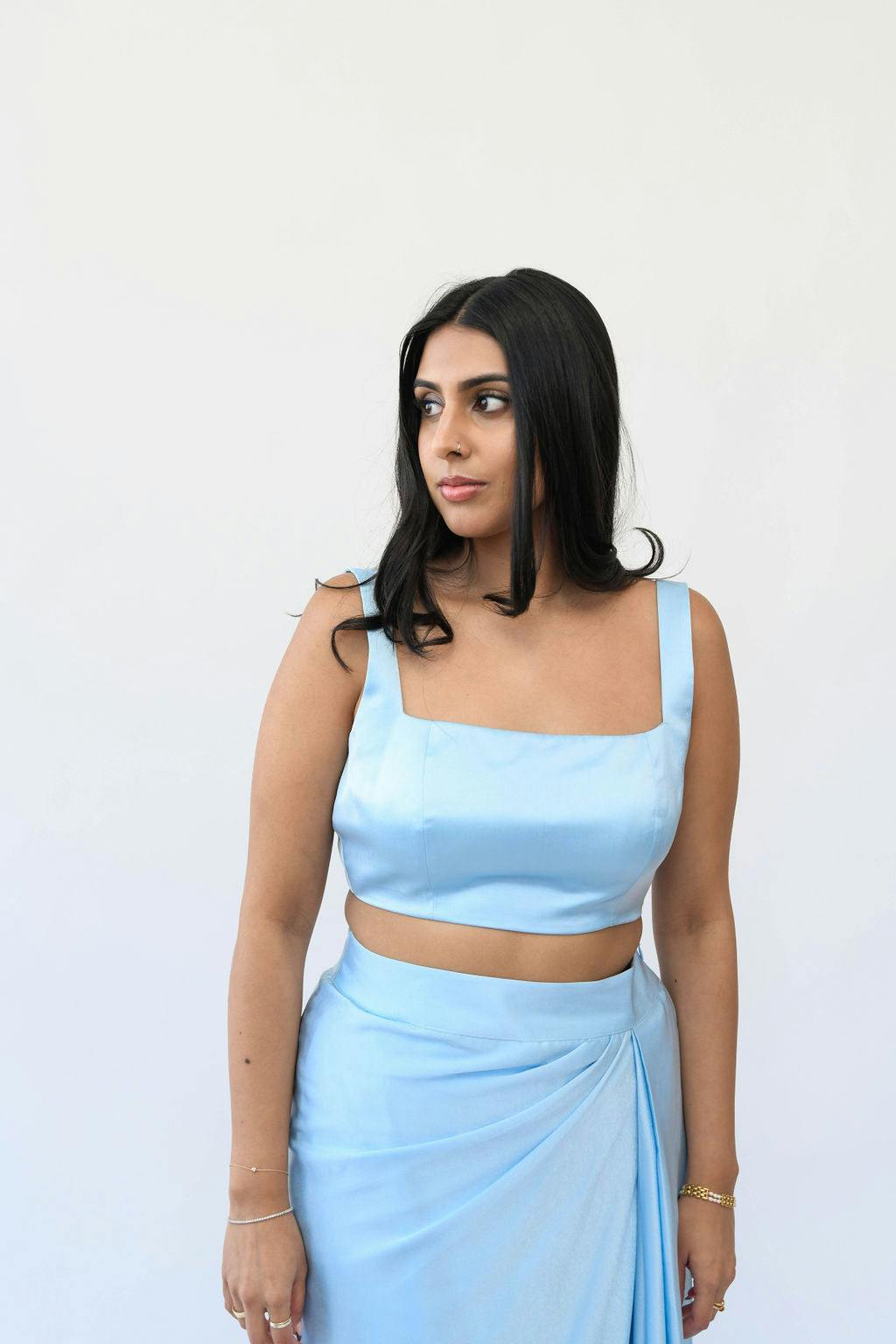 Ice Blue Sleeveless Satin Blouse, a product by MOR Collections
