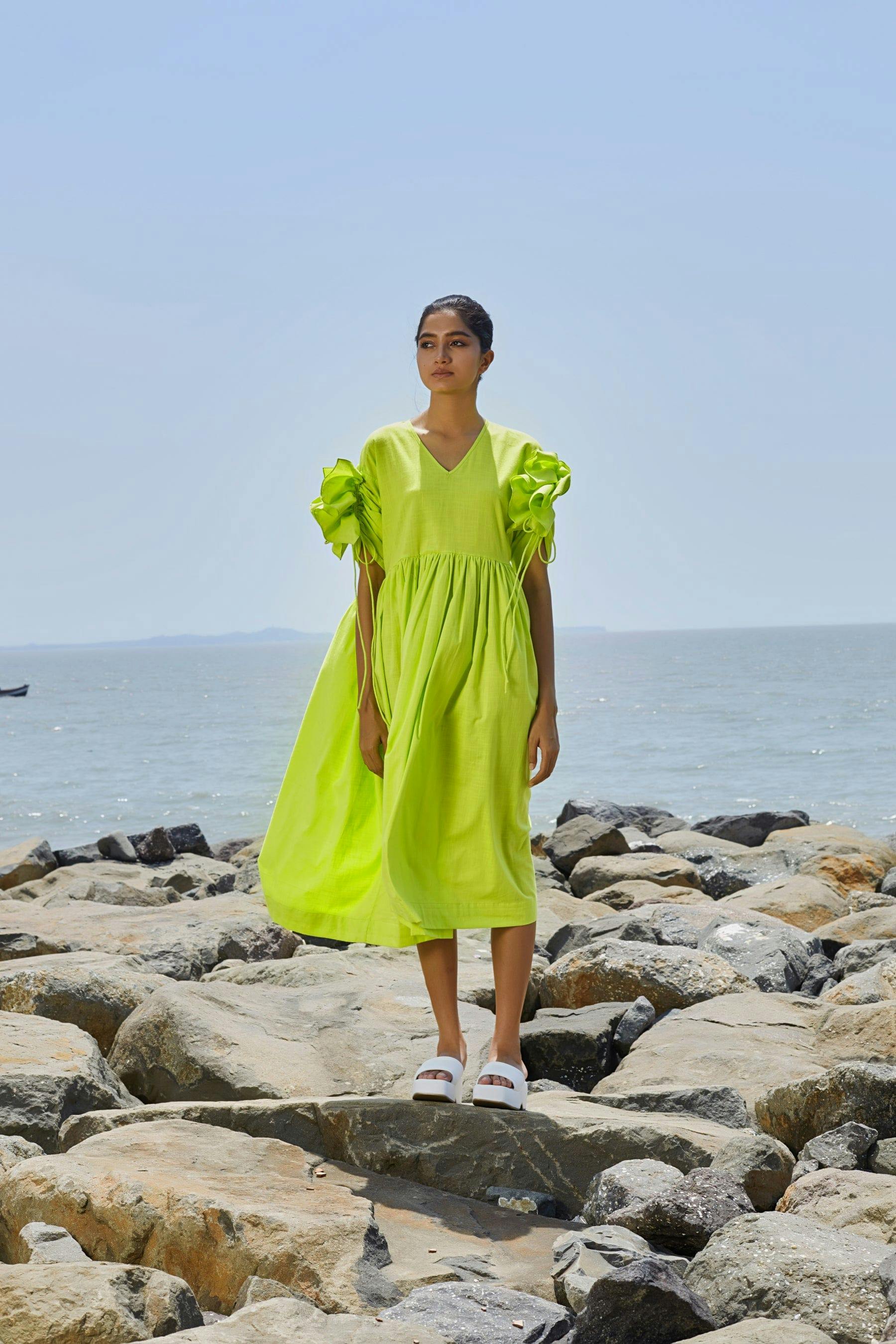 Thumbnail preview #1 for Neon Green Ruffle Sleeve Dress