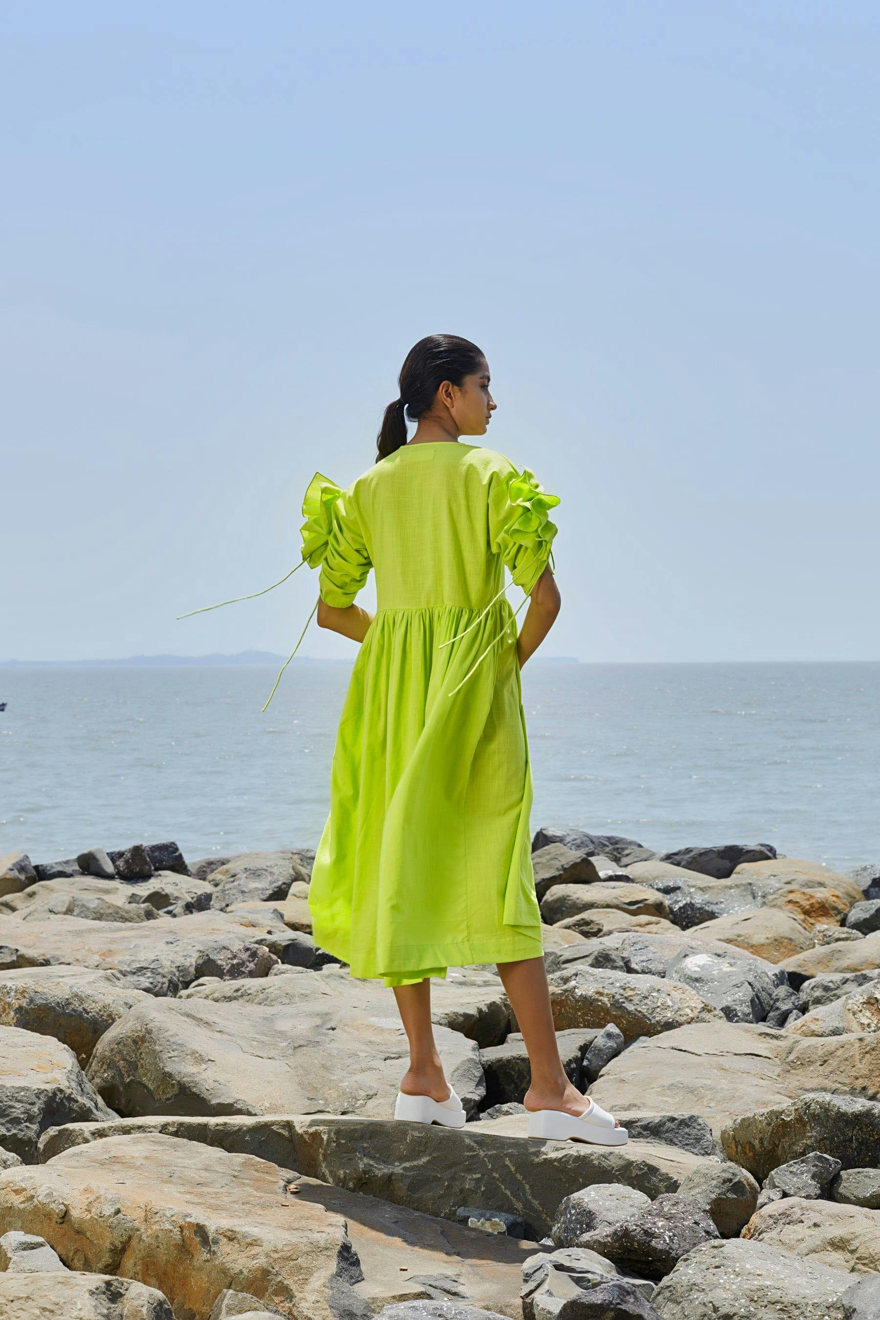 Thumbnail preview #2 for Neon Green Ruffle Sleeve Dress