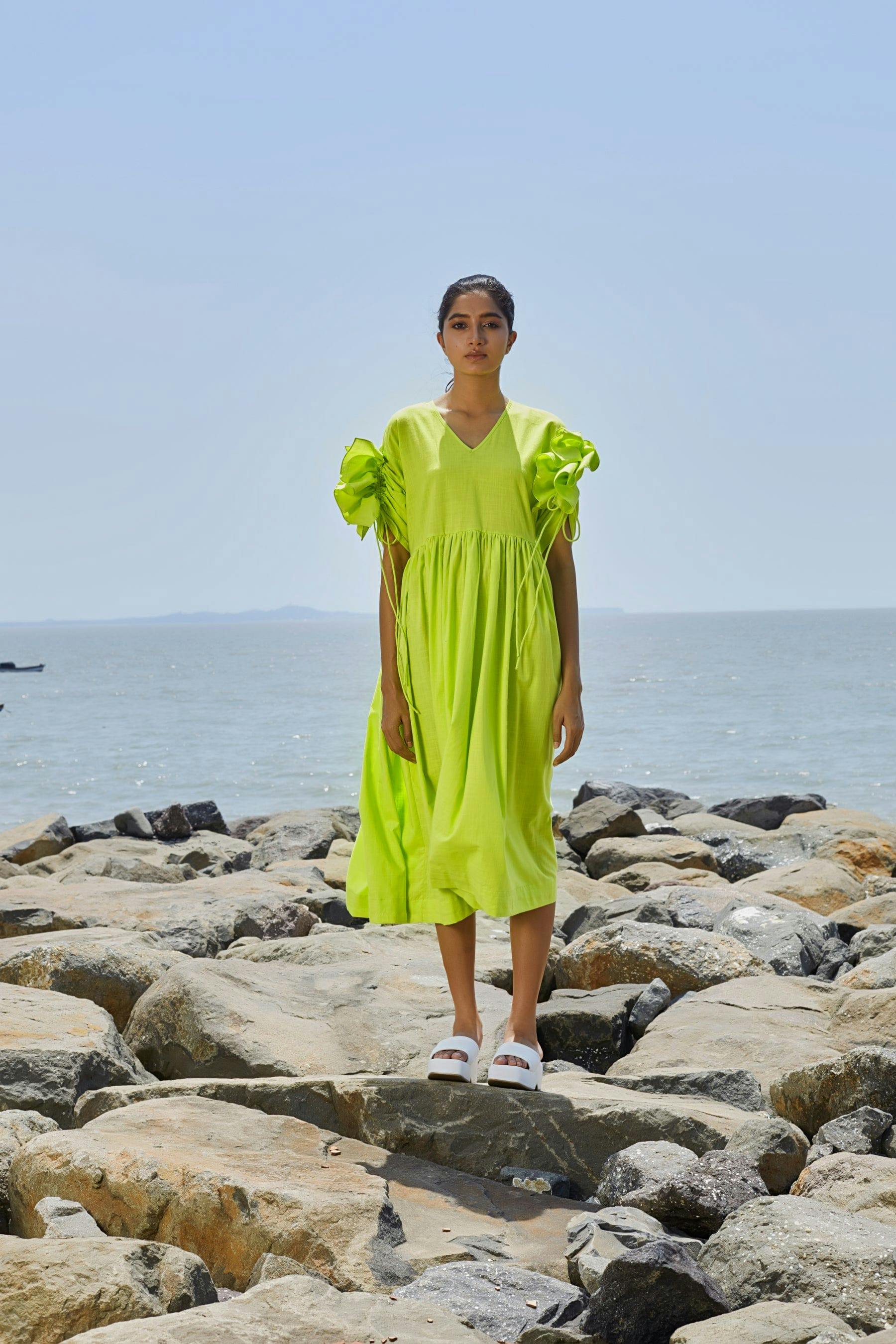 Thumbnail preview #0 for Neon Green Ruffle Sleeve Dress