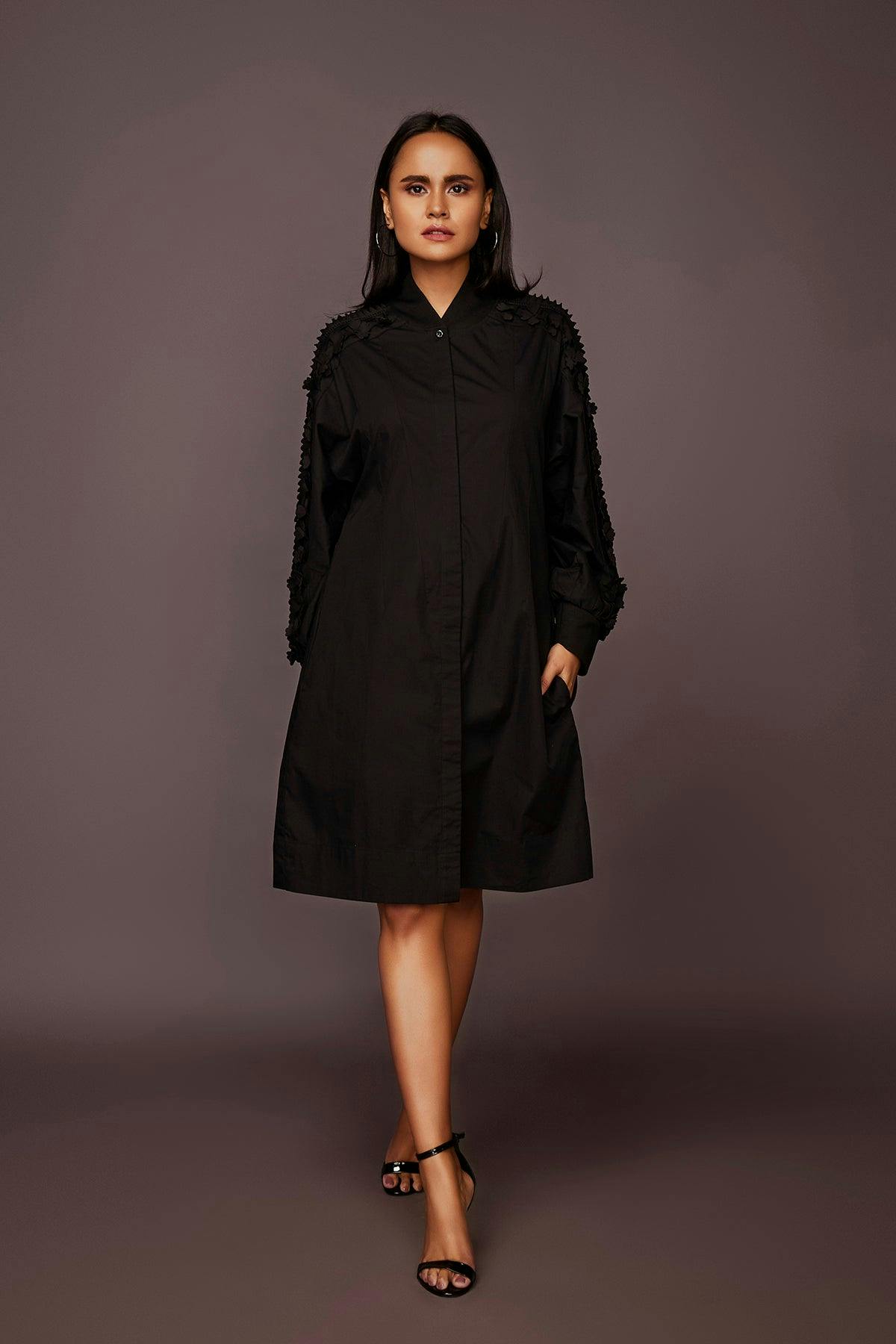 NN-1119 ::: Black A-Line Dress With 3D Cutwork, a product by Deepika Arora