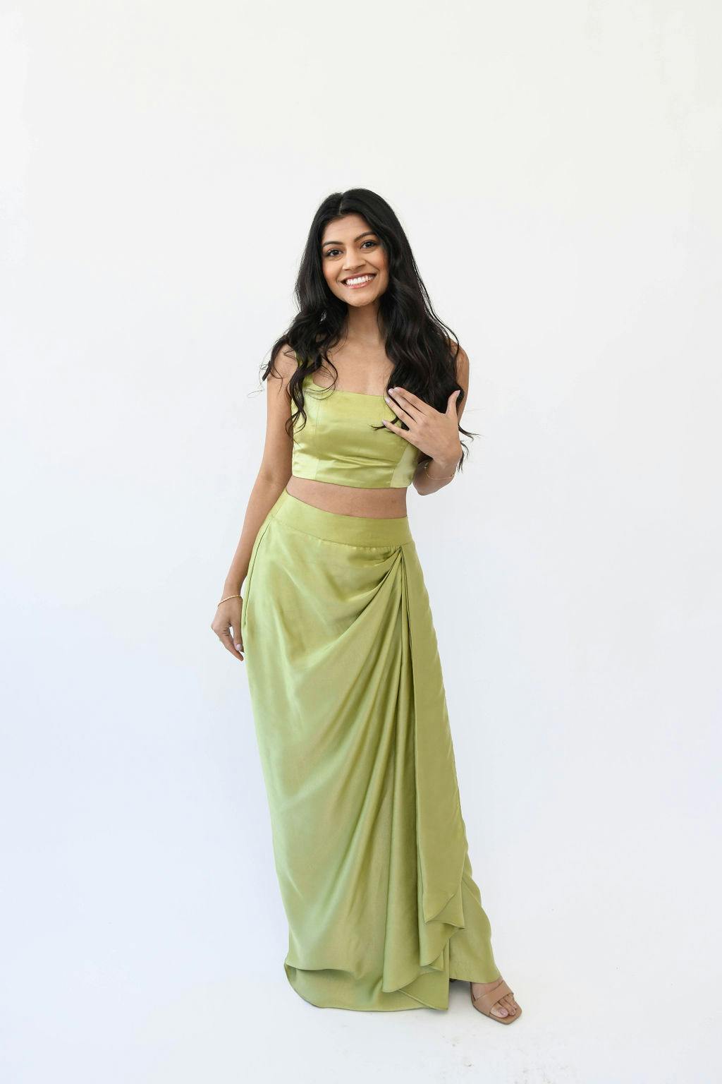 Pista Green Satin Drape Skirt & Blouse Set, a product by MOR Collections