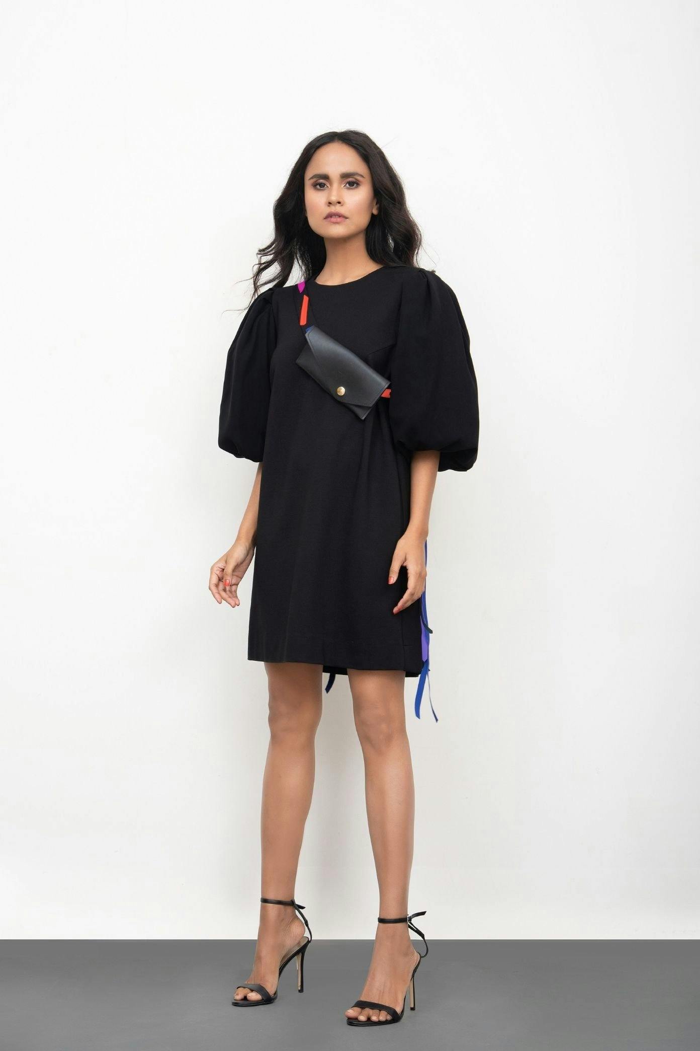 jet black dress with neon tassel detail, a product by Deepika Arora