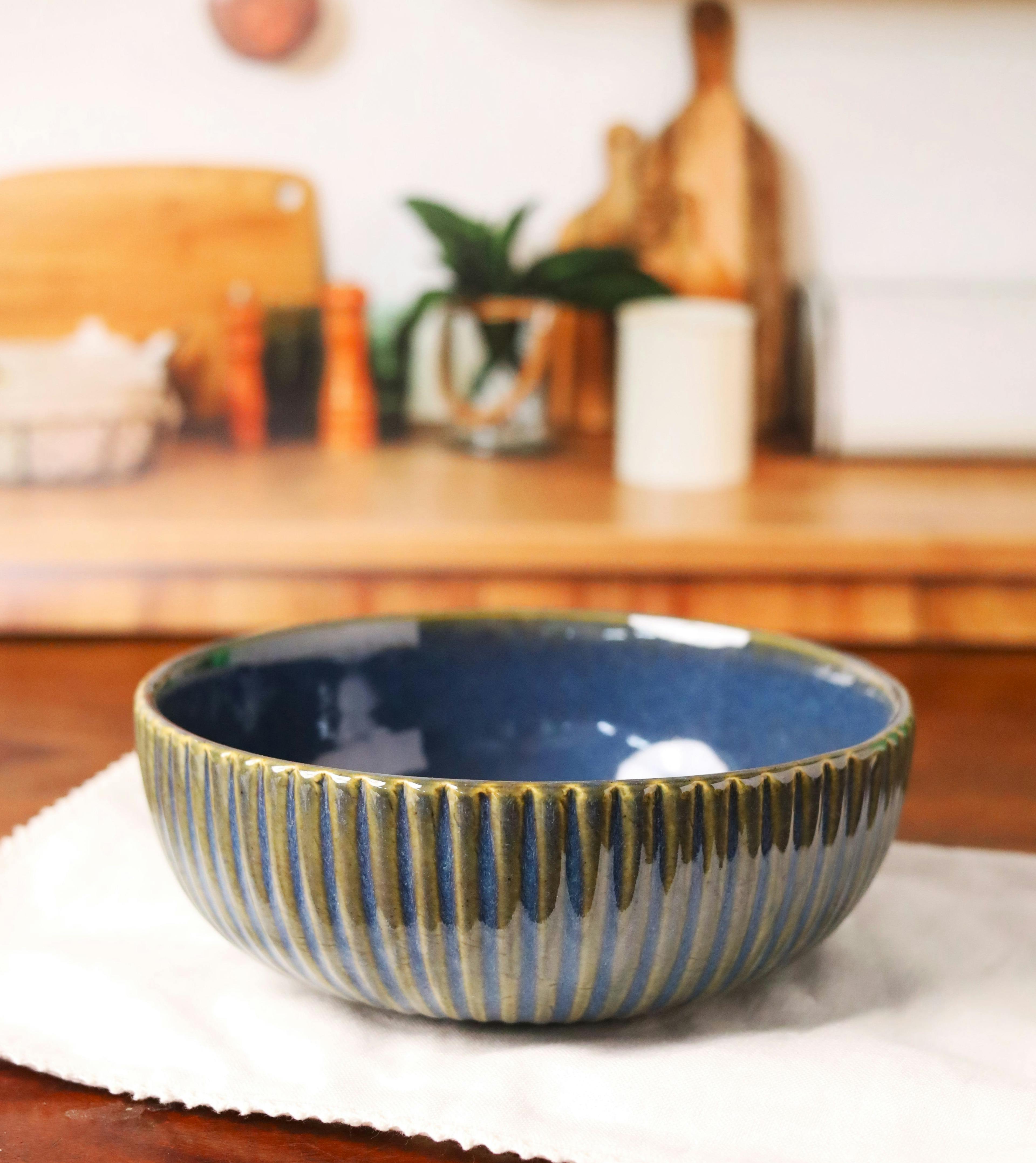 Blue Fluted Studio Pottery Serving Bowl, a product by Olive Home accent