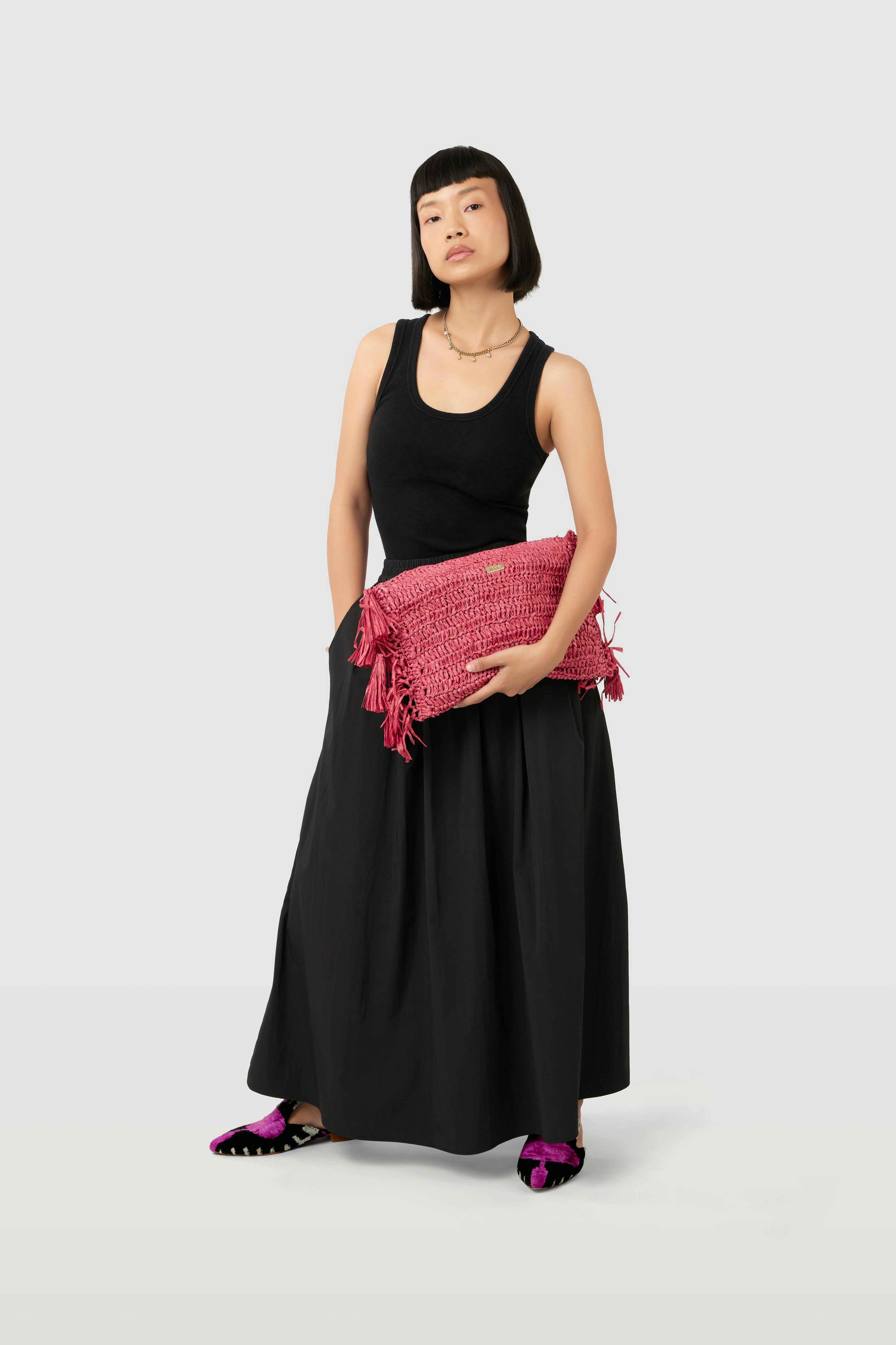 Hot Pink Raffia Clutch with Tassels, a product by JENA