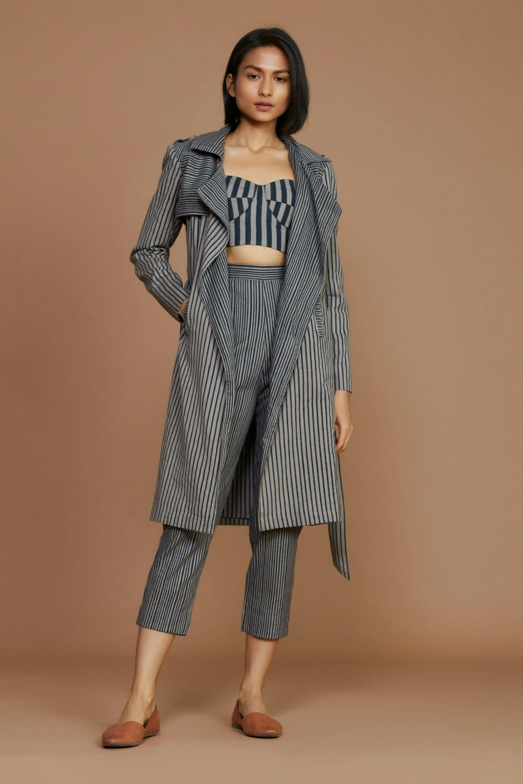 Grey with Charcoal Striped Trench & Corset Co-Ord Set (3 PCS), a product by Style Mati