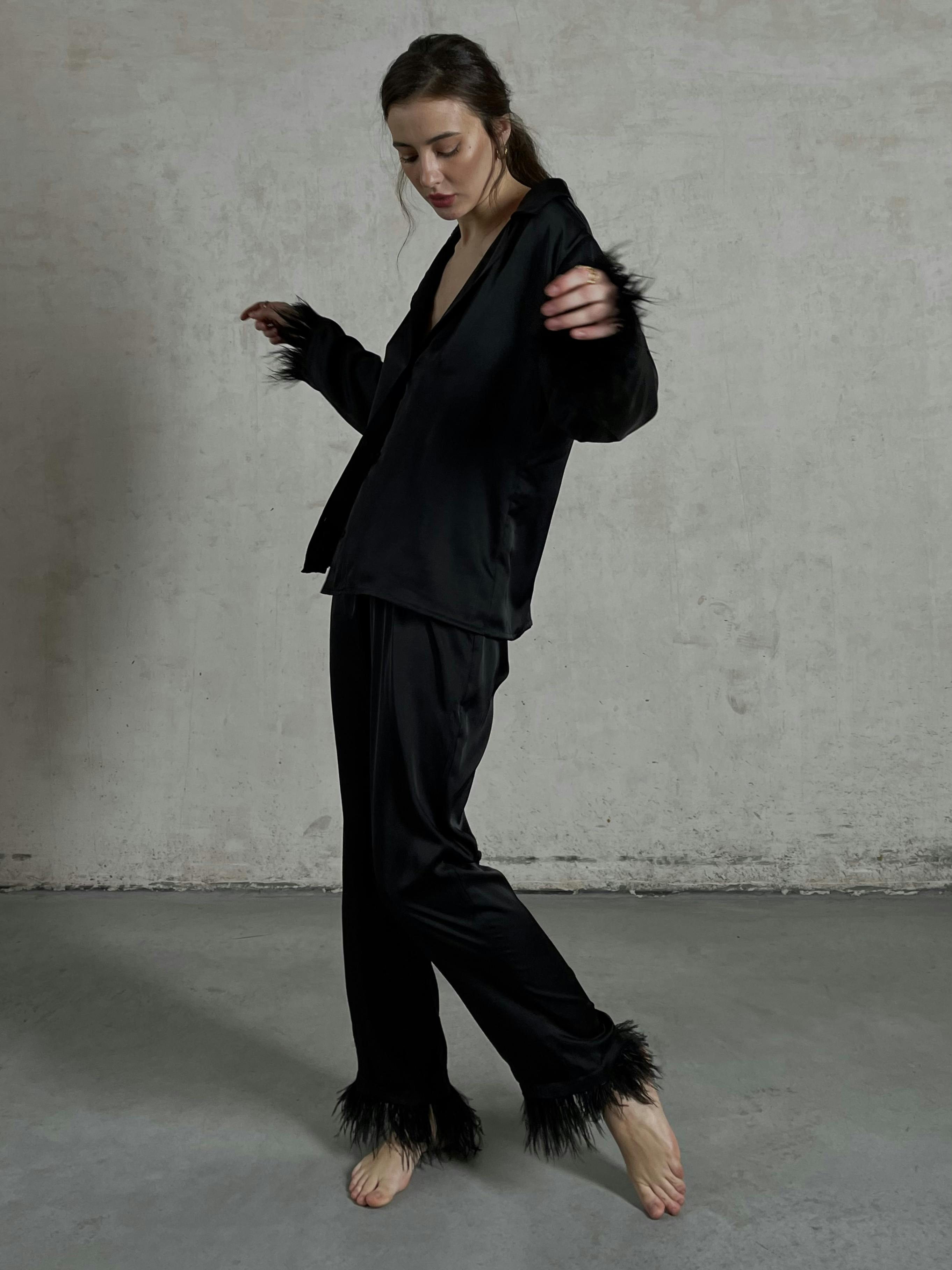 Black Silky Pajama Suit With Feathers, a product by Okiya Studio