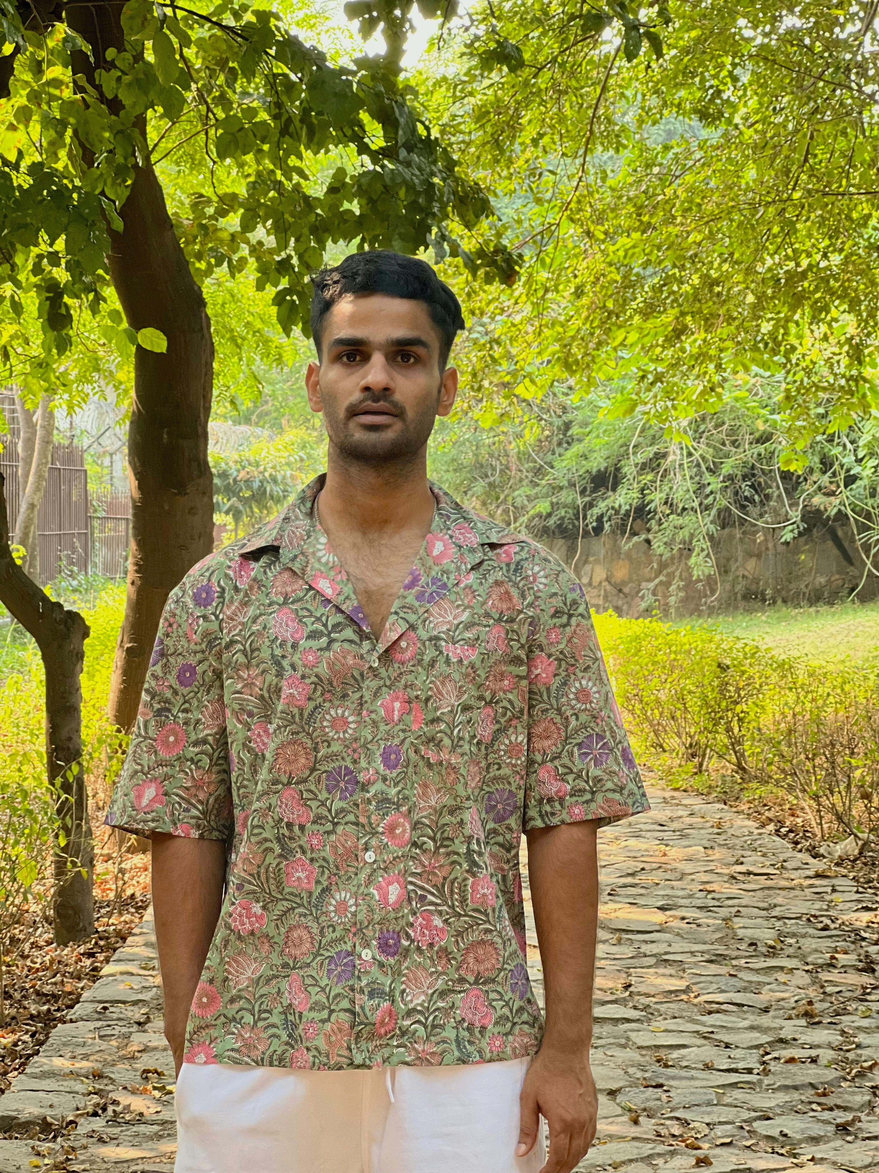 Thumbnail preview #0 for Hand Block Printed 100% Cotton Shirt - Mughal Vines