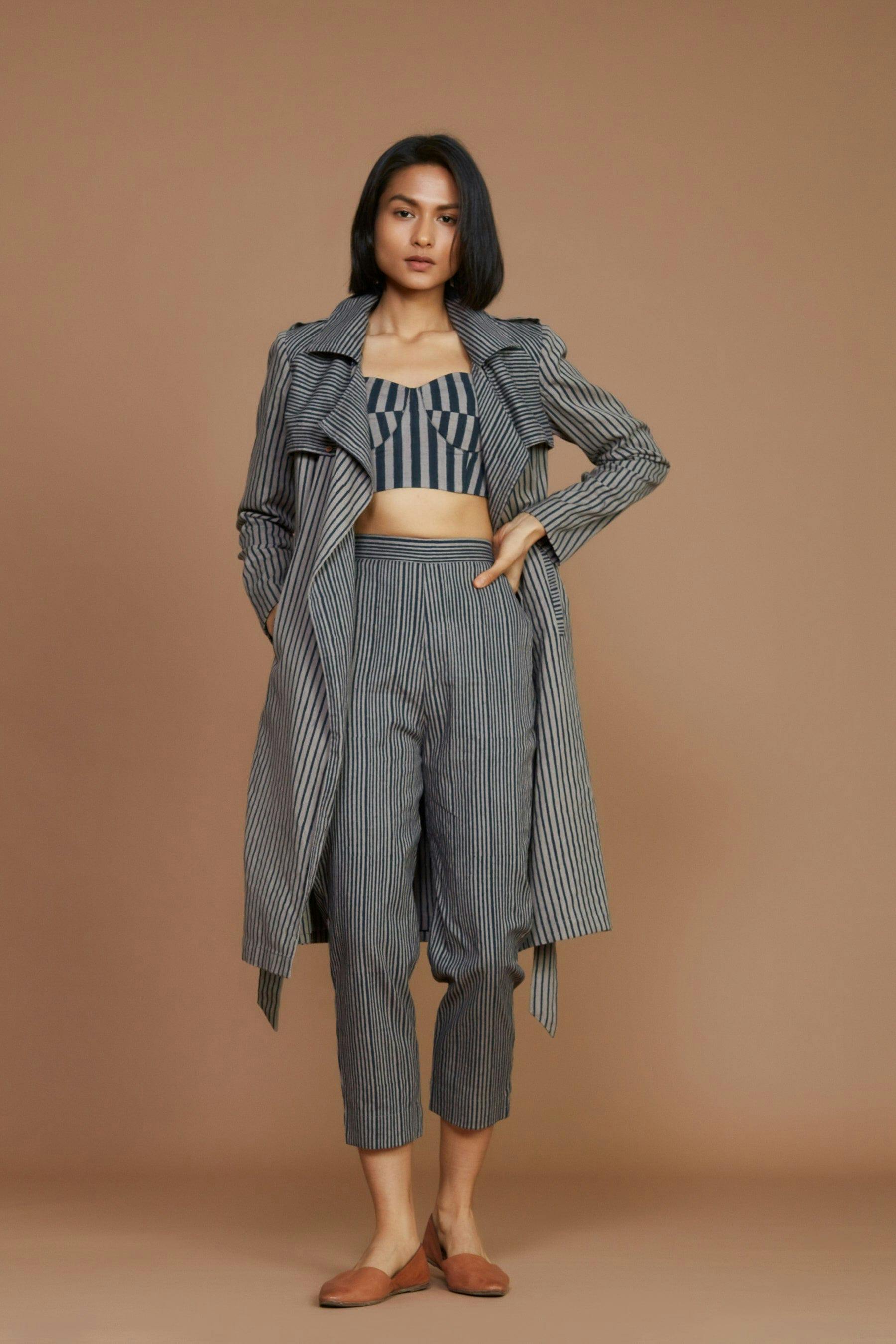 Grey with Charcoal Striped Trench Jacket, a product by Style Mati