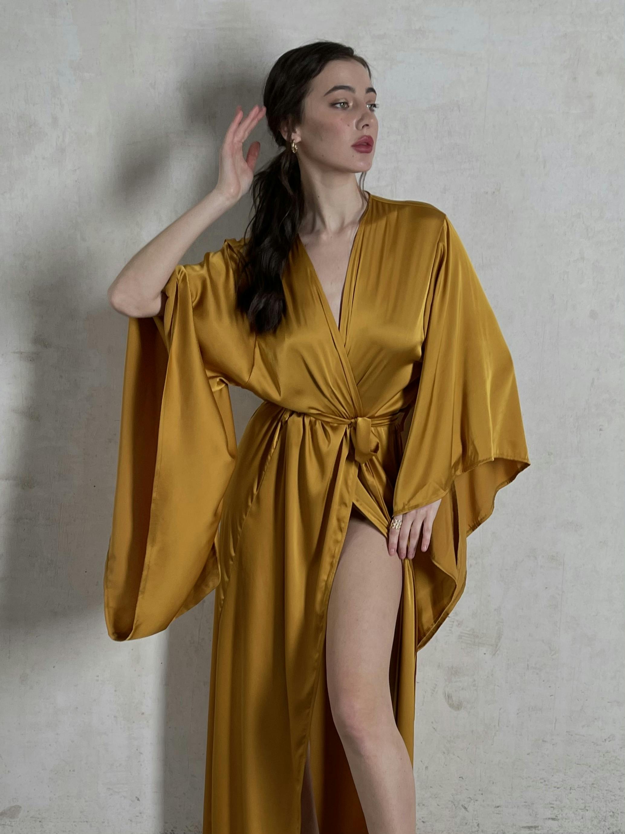 Kimono Sleeves Silk Long Robe, a product by Okiya Studio